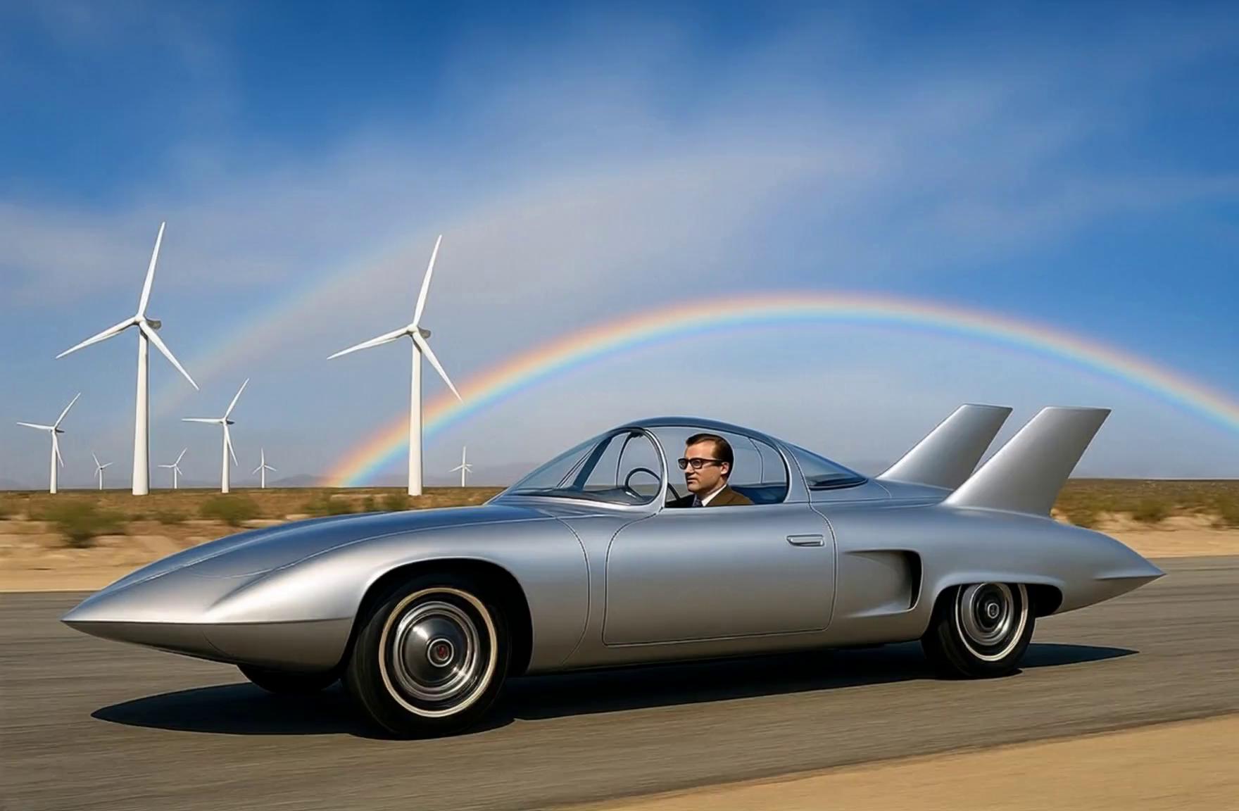 Prompt: A futuristic concept car travels smoothly along Indian Canyon Drive in North Palm Springs. It is shortly after a desert rain. The road surface is slightly wet and there is an atmospheric double rainbow.