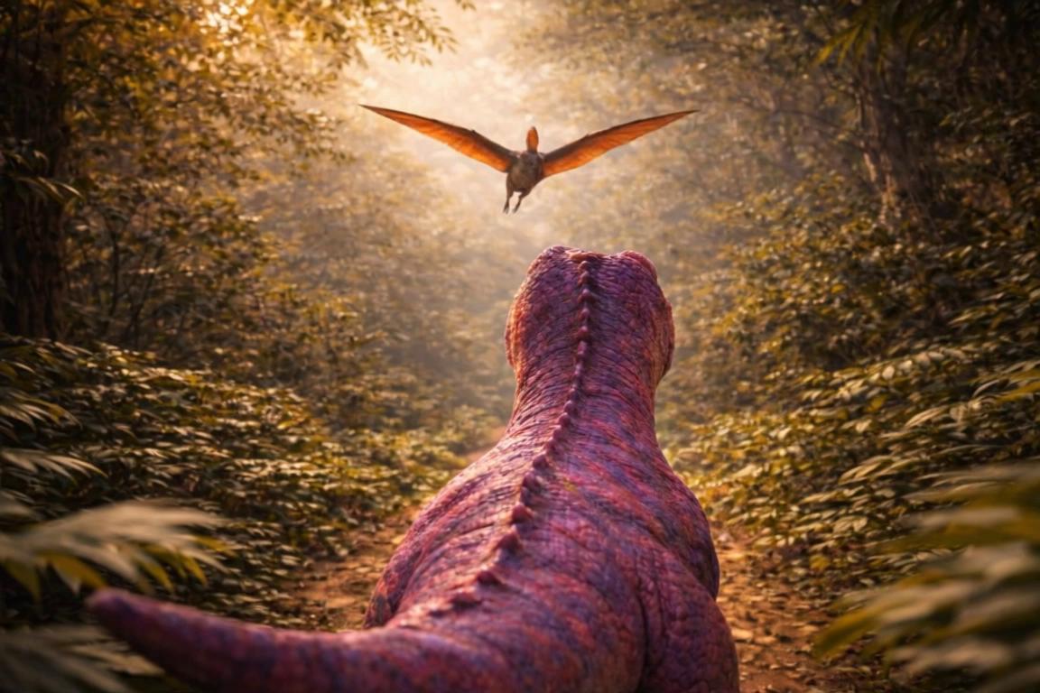 Prompt: A calm jungle scene in warm golden light.

First-person view behind a pink T-rex on a jungle path.

A Quetzalcoatlus is already flying above the path.

The Quetzalcoatlus gently flies forward, moving farther into the distance.

Slow, smooth wing flaps.

No sudden movement.
No approaching the camera.

The T-rex stays still.
The camera remains steady.

The mood is calm and safe.