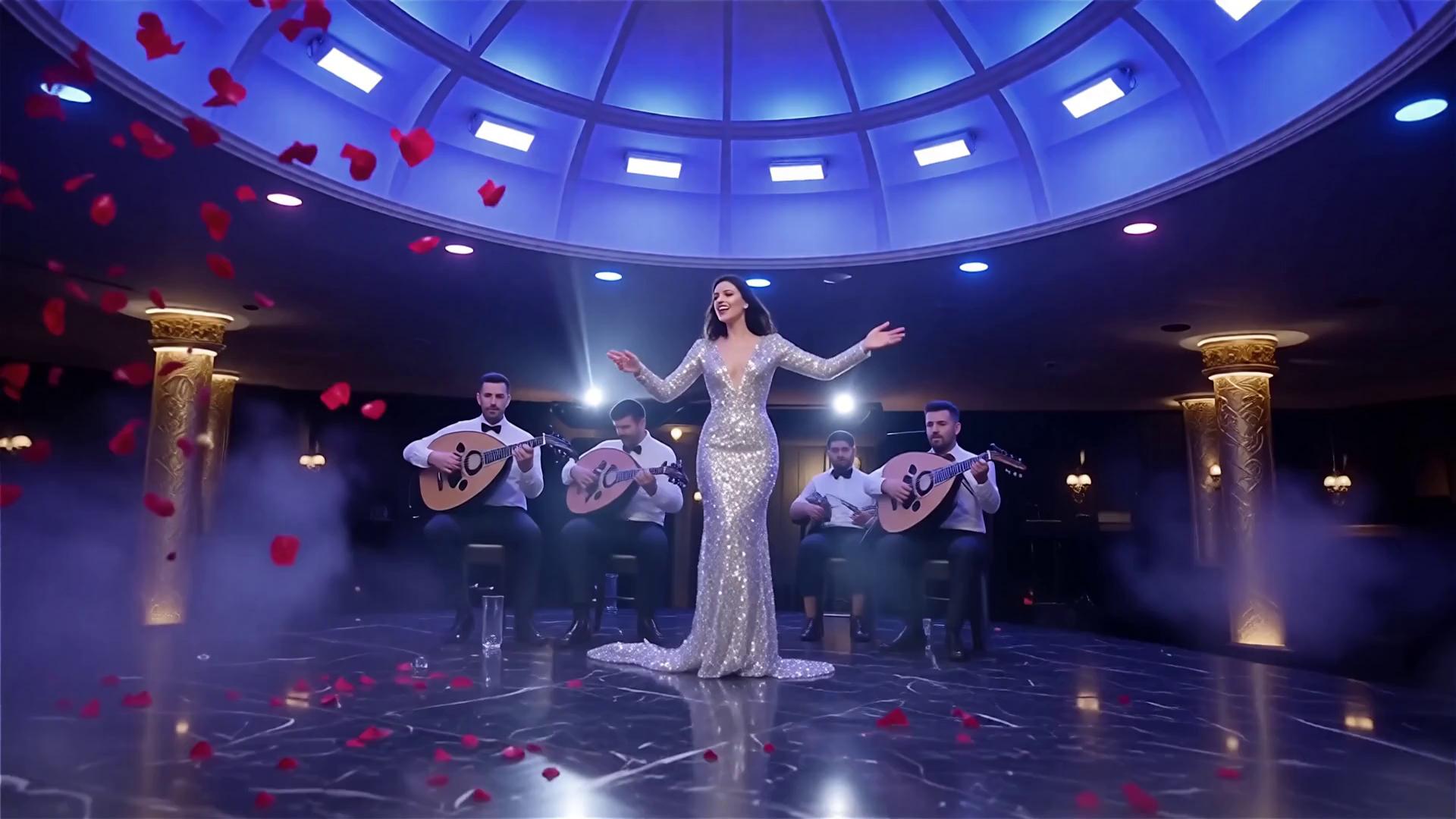 Prompt: A cinematic, slow-motion video inside a decadent, high-end Greek skyladiko nightclub bathed in neon blue and purple lights. A glamorous female singer in a sparkling sequined dress holds a microphone on a smoke-filled stage, surrounded by bouzouki players. The air is thick with thousands of flying red carnations tossing towards her. Champagne corks are popping, spraying foam. On the dancefloor below, piles of broken white plates are being smashed by cheering men in suits. The atmosphere is chaotic, luxurious, and excessive party vibes. High quality, detailed 4k footage.