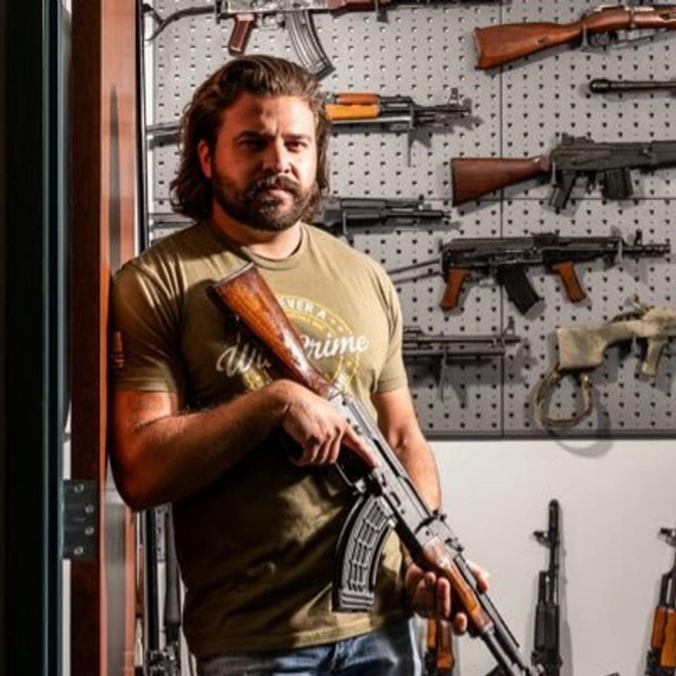 Prompt: Gradually turn this man's clothes into a business suit, have him sheepish as thus happens 