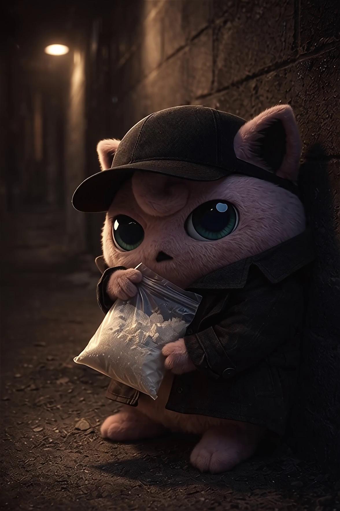 Prompt: This is jiggly puff from Pokemon. He doesn't do much in the video i'd like you to animate for me but he is bobbing his head as if he were jamming to music, very gentle bobs as the camera moves from the current angle to the next side of his face very slowly. as he bobs his head he is slowly following the camera with his EYES and HEAD. he is also holding the bag tightly.