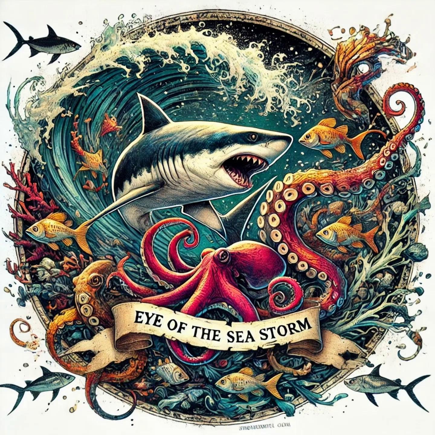 Prompt: a shark swimming and playing with an octopus