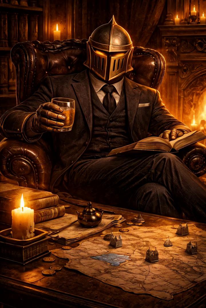 Prompt: Corporate knight is looking at his strategy table while holding a scroll - going back and forth between the map on the table and the scroll in his hand ensuring his profits are tracked properly. The background is his den with the fire crackling in the background and gold piled in the corner. 