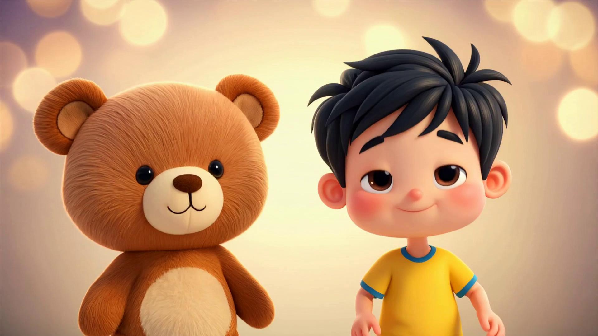 Prompt: 3D animation, cutesy style. The toddler boy with black spiked hair and a yellow t-shirt claps his hands together happily while nodding and smiling at the camera. His teddy bear buddy joins in, clapping its paws and swaying side to side. The lighting is warm and bright, emphasizing a "super nice" achievement. Soft bokeh background, 4k, peaceful and very positive atmosphere.