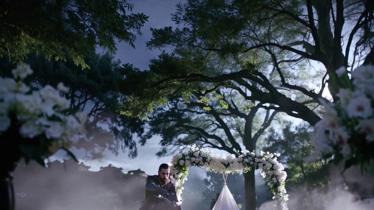 Prompt: In a dimly lit garden shrouded in shadows, an assassin crouches stealthily over a beautifully adorned bridal arch, its white flowers contrasting sharply against the surrounding darkness. A silvery moonlight filters through looming trees, casting sinister shadows that dance around the scene. The assassin, clad in a sleek, obsidian outfit, peeks over the delicate lace and greenery, a focused yet enigmatic expression on their face. Their gloved hand grips a glimmering dagger, ready to strike at a moment’s notice. Wisps of mist curl around the ground, adding an air of mystery to the tranquil setting, as faint sounds of laughter from the wedding guests echo nearby, oblivious to the impending danger. This composition embodies a dark fantasy concept art style, rich with tension and intrigue.