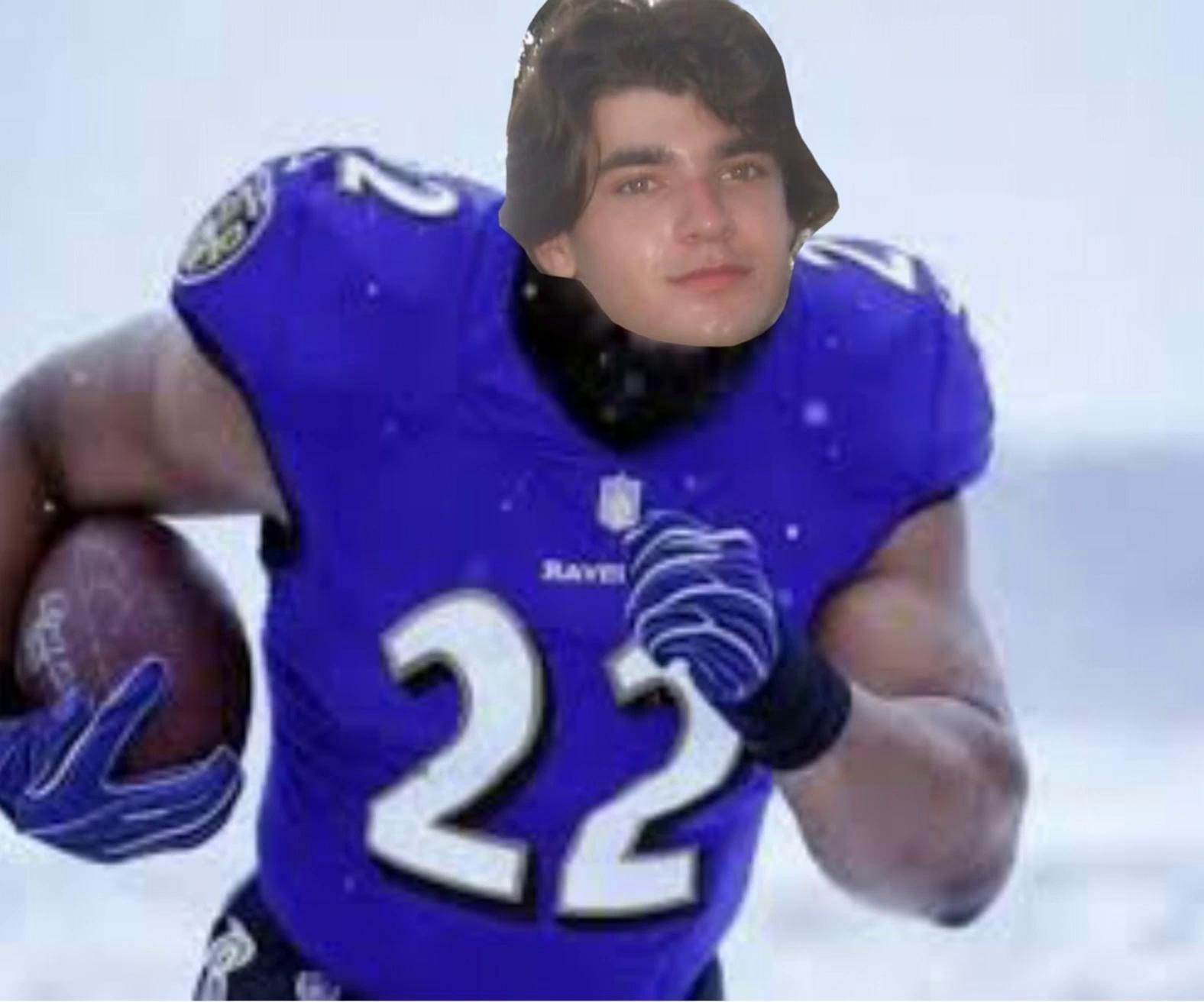 Prompt: Can you make him running down a crowded football field to barely score a touchdown and then throw Aaron Rodgers into the Sun