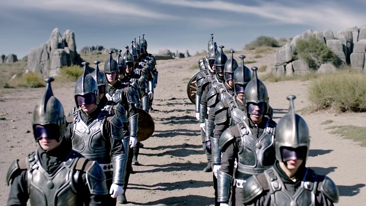 Prompt: elven army with black armor walking in sync