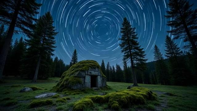 Prompt: Time-lapse of stars swirling over a moss-covered stone mound in a forest clearing, no visible door, ancient and magical atmosphere, camera locked, wide shot, cinematic