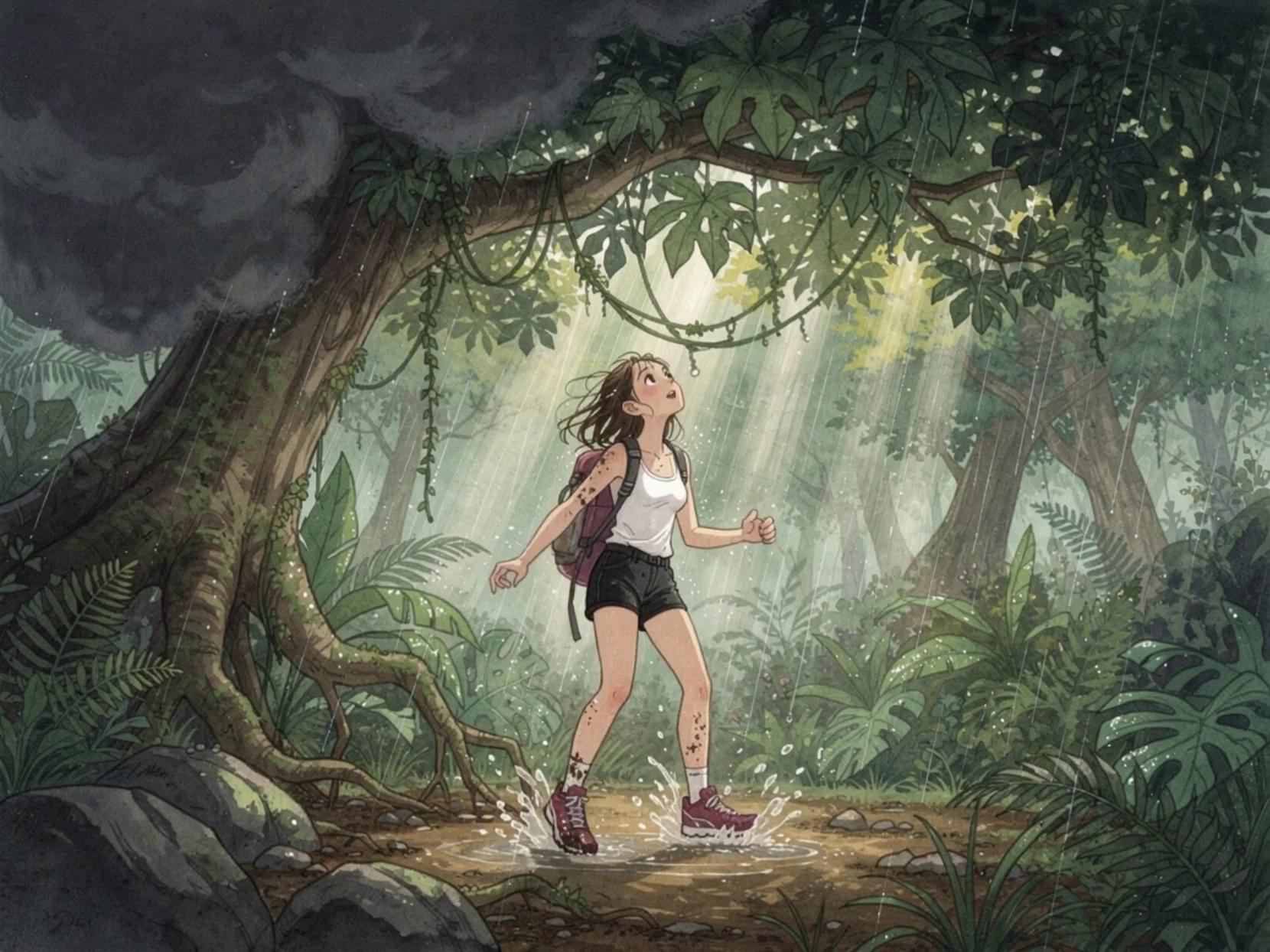 Prompt: while taking a shelter under a tree she discivers a whole and she jumps in tje whole when she comes out from the other end there she sees a whole different kind of world, magical and fantasy world , where nobodyy is seen 