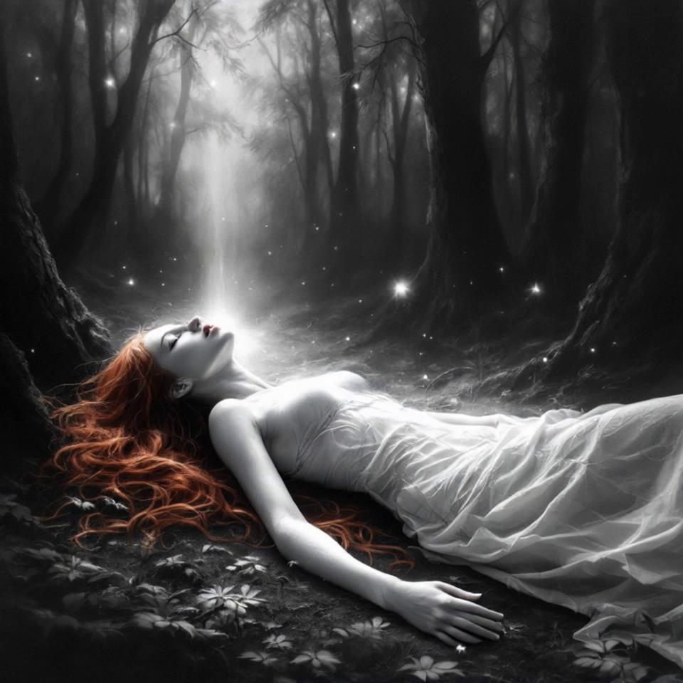 Prompt: Her soul get out from all her body while fireflies flying around.