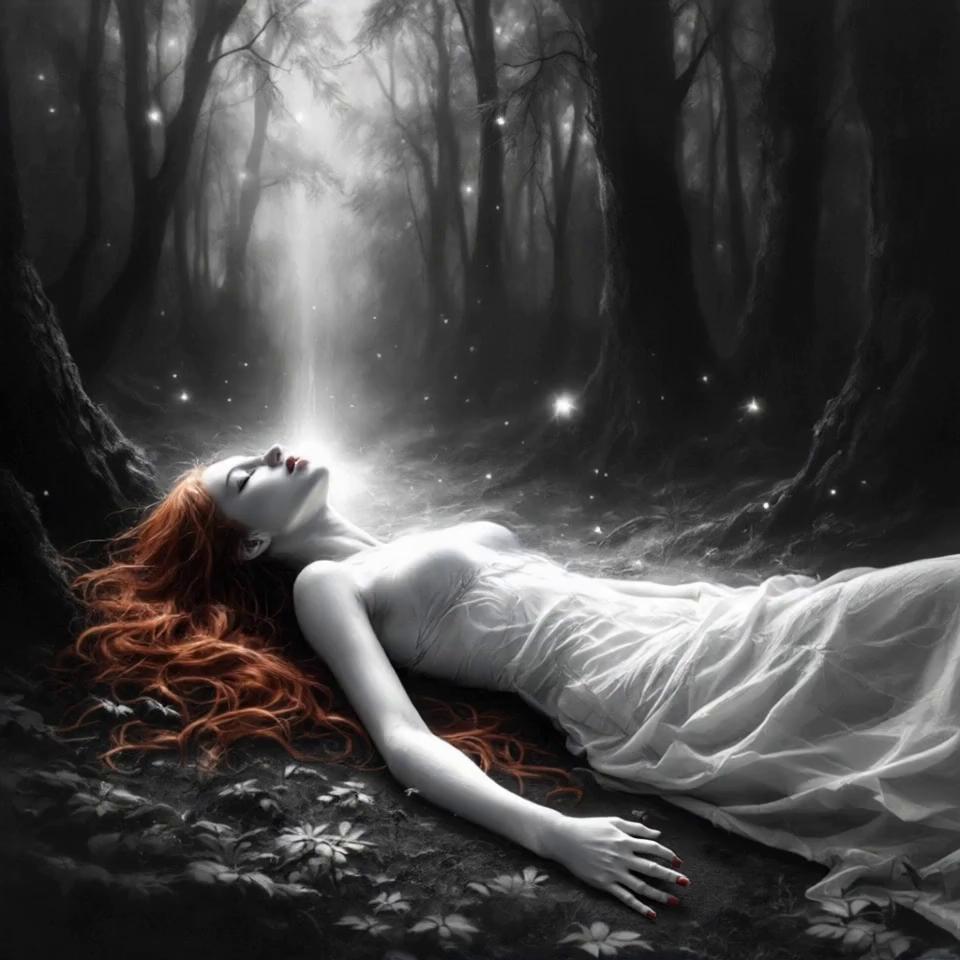 Prompt: Her soul get out from all her body while fireflies flying around.
