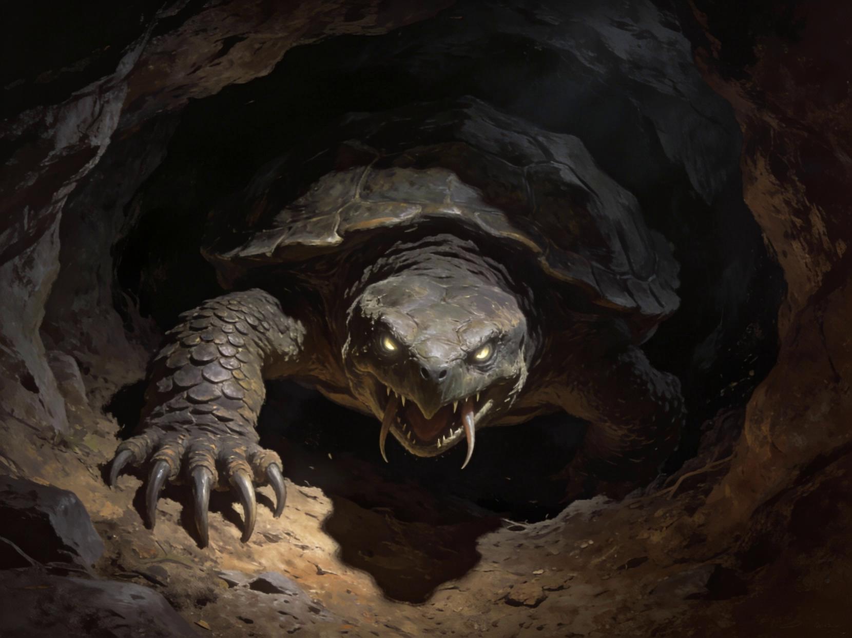 Prompt: A giant alligator snapping turtle, climbing out of a hole pit in the ground
Inside a dark cave, clawing it's way towards the viewer and snarling 
Intelligent eyes
Long Fangs, long claws
Underground 
View from above