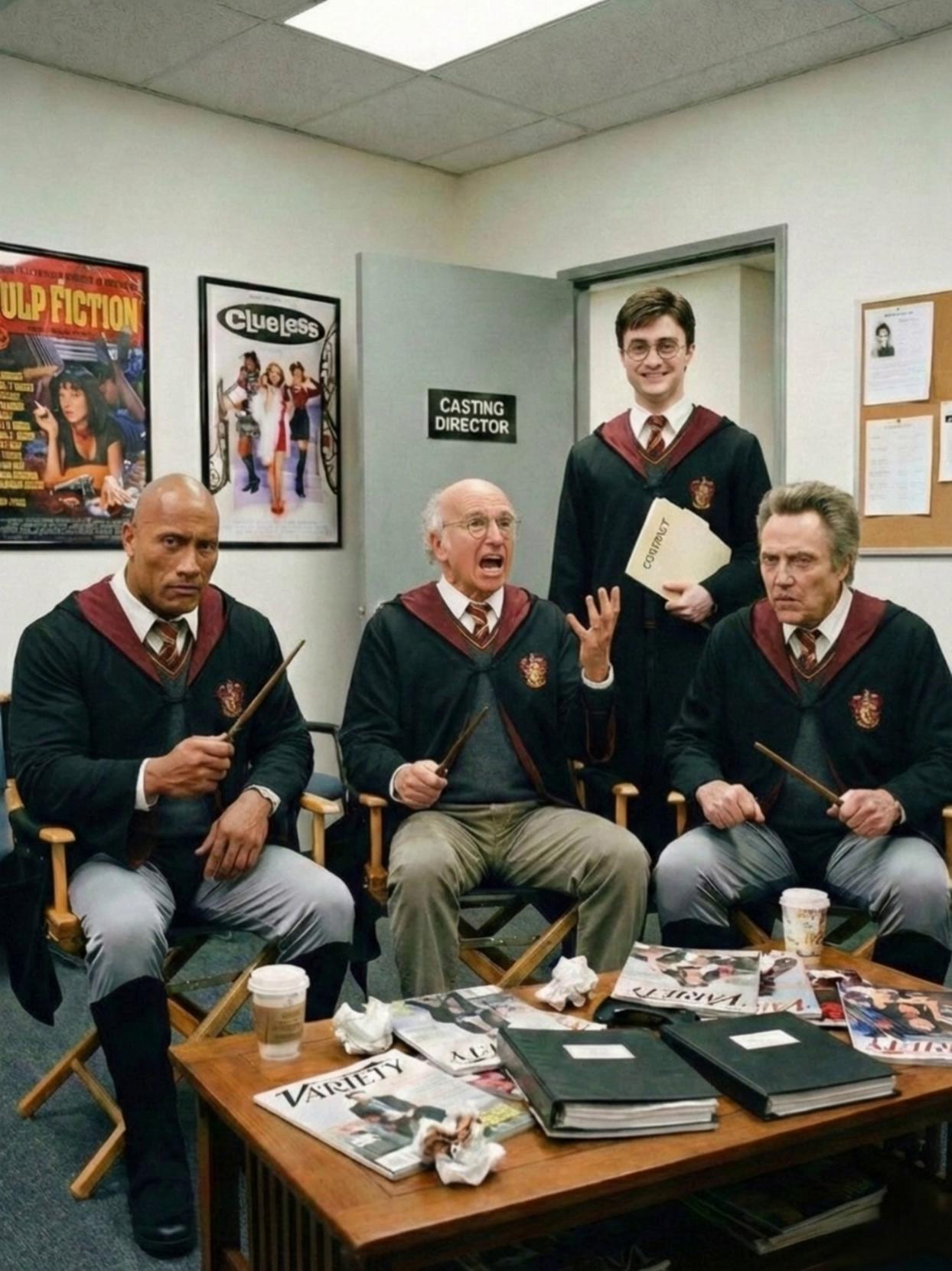 Prompt: Static camera shot. Daniel Radcliffe is standing and smiling while Dwayne 'The Rock' Johnson shakes his head and looks at the camera raising an eyebrow. Larry David throws his hands up in an exasperated 'WTF' gesture, mouthing a complaint about the casting process. Christopher Walken stares unblinkingly at Radcliffe, slowly tilting his head with an intense, confused expression.