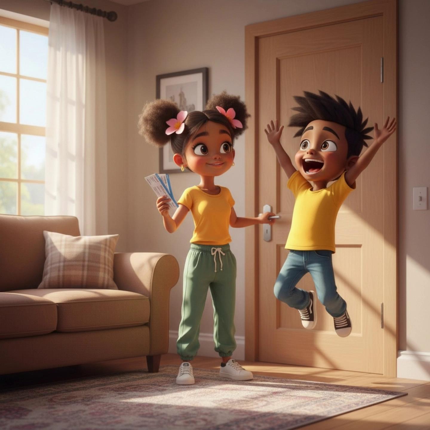 Prompt: It all began on an ordinary morning when Brandon stumbled into the kitchen, hair doing its own freestyle routine. His mom, @KimberlyWilliamsSKsMom, was waiting with a suspiciously excited smile and two coconut drinks. Before Brandon could even locate his left shoe, she announced they were leaving immediately for a surprise tropical vacation. @BrandonSlingshotKidWillims didn’t understand what was happening, but he nodded anyway — mostly because she’d already packed his bag.