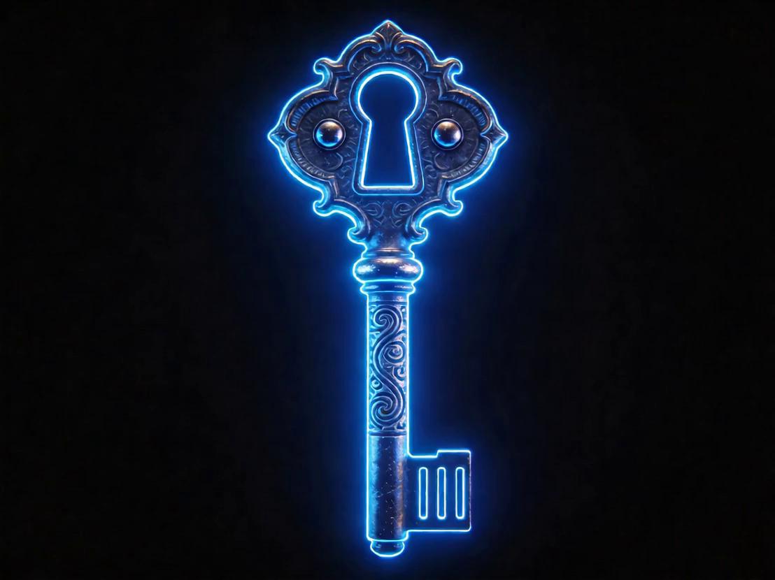 Prompt: A 3D blue key, entirely neon-lit against a completely black background,  1 meter tall in proportion to its surroundings,  stands upright. It rotates slowly, with fluid movements, on its vertical axis, then returns to its initial position.
Then the key rotates slowly on its horizontal axis, with fluid movements, then returns to its initial position.