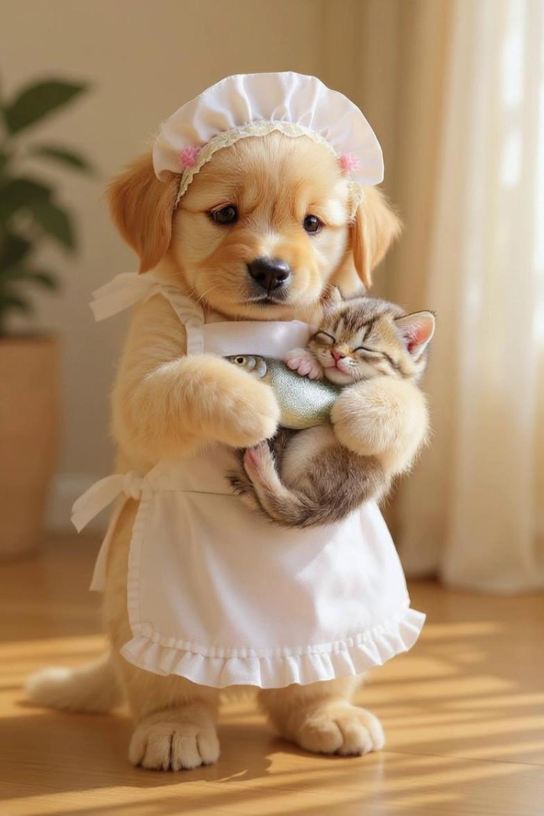 Prompt: The puppy’s arms gently rock left and right in a soft cradle motion, like a caregiver soothing a baby.
	•	The kitten’s body rises and falls slightly with calm, rhythmic breathing — visibly relaxed and fully asleep.
	•	The bonnet’s ribbons sway ever so slightly with the rocking.
	•	Sunlight flickers subtly on the floor and their fur, with soft lens blur in the background to create emotional focus.