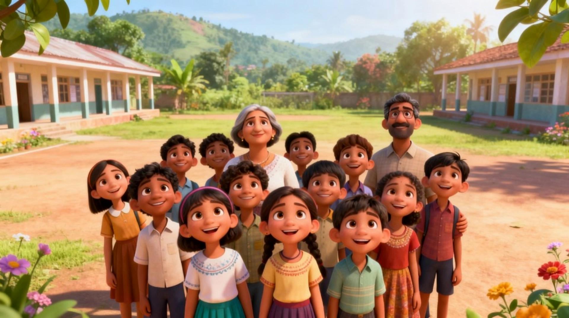 Prompt: Animate the image

Scene 15 – Closing Scene (10s)

Animation Direction 

0:00 – 0:03
• Medium-wide shot showing all children and adults smiling happily
• Small natural idle movement: blinking, slight head turns, soft breeze in plants
• Warm sunlight glows gently

0:03 – 0:07
• Camera slowly begins tilting upward
• Faces remain centered briefly, maintaining connection
• Subtle zoom-out creates a growing sense of hope and openness
• Background brightens slightly

0:07 – 0:10
• Camera continues rising smoothly
• People’s faces slowly move toward bottom of frame and drift out of view
• Final hold on treetops + soft sky glow
→ Perfect lead-in for final text or fade-to-white