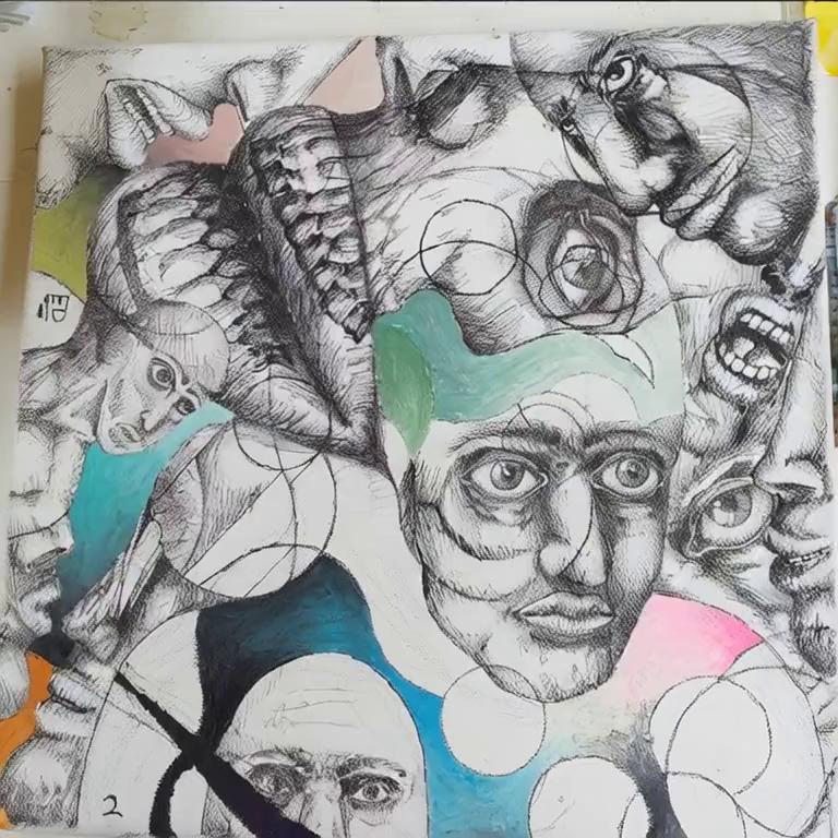 Prompt: the faces look at eachother distorting in the square canvas 