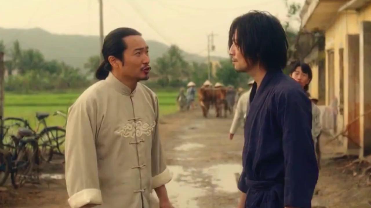 Prompt: a chinese man wearing a Chinese shirt, and a Japanese man wearing a Japanese shirt (they look almost identical) start arguing refrencing war while a Korean man in a korean shirt tiptoes away trying to be sneaky 

the end frame should be the korean man making a noise allerting the japanese and chinese man 

the setting where they are is in the streets of Vietnam with clear signs of it being Vietnam with cone hats and walking farming cows across rice fields       

