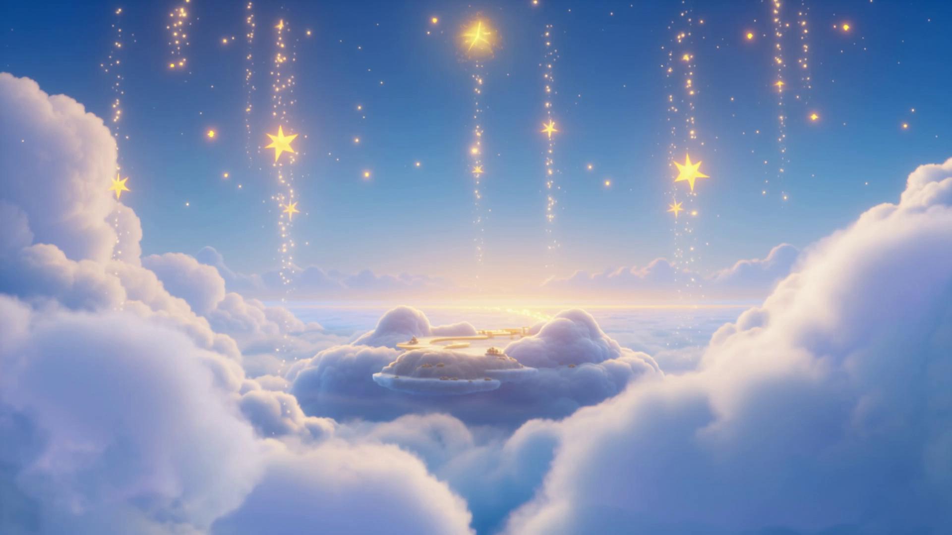 Prompt: A cinematic 3D cartoon fantasy world, high-quality animated style.
A small floating island in the sky, with soft rounded shapes and stylized textures.
Surrounded by fluffy volumetric clouds, glowing stars, and magical light particles.
The environment feels playful, adventurous, and full of wonder, like a Pixar-style adventure opening.
Pastel blue, white, and soft gold color palette, clean lighting, soft shadows.
The camera slowly pans forward and slightly downward, revealing the world as if beginning a journey.
Gentle wind moves the clouds, sparkles drift naturally in the air.
No characters present, only the world itself, inviting exploration.
Pure cinematic opening shot for a young heroes adventure story.
Aspect Ratio: 16:9

Duration: 6–8 seconds

Style: 3D Cartoon / Stylized

Style Strength: Medium–High

Motion: Smooth / Slow

Camera Movement: Slow dolly forward + slight pan

Lighting: Soft daylight, dreamy glow

Quality: High / Ultra

a mysterious glowing path in the distance, hinting at an upcoming adventure

toy-like proportions, rounded shapes, soft plastic-like materials, Pixar-inspired 3D animation style

