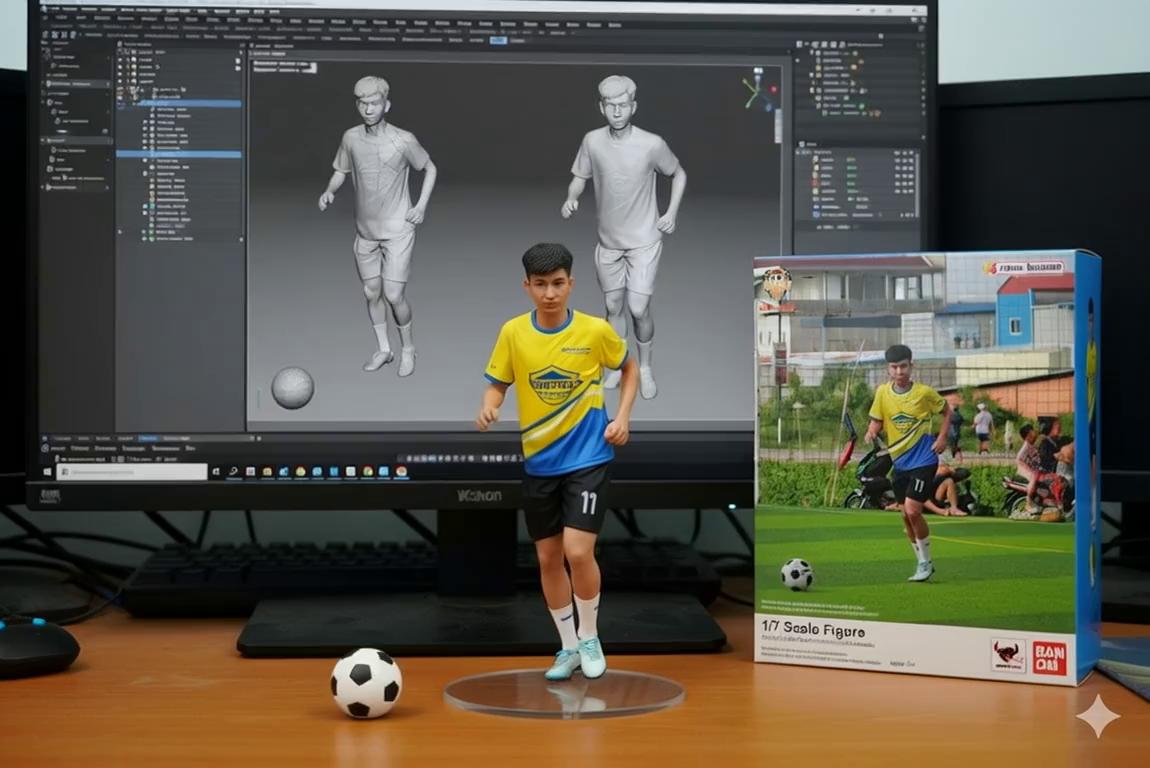Prompt: @Fiqstar Kai: Using the photo, create a 1/7 scale commercialized figurine of the characters in the picture, in a realistic style, in a real environment. The figurine is placed on a computer desk. The figurine has a round transparent acrylic base, with no text on the base. The content on the computer screen is the Zbrush modeling process of this figurine. Next to the computer screen is a BANDAl-style toy packaging box printed with the original artwork.
The packaging features two-dimensional flat illustrations.
Turn this photo into a character figure. Behind it, place a box with the character's image printed on it, and a computer showing the Blender modeling process on its screen. In front of the box, add a round plastic base with the character figure standing on it. Make the PVC material look clear, and set the scene indoors if possible.
Use the nano-banana model to create a 1/7 scale model, in a realistic styie and environment. Place the figure on a computer desk, using a circular transparent acrylic base
without any text.On the computer screen, display the Brush modeling process of the figure.Next to the computer screen, place a TAMIYA-style toy packaging box printedwith the original artwork.