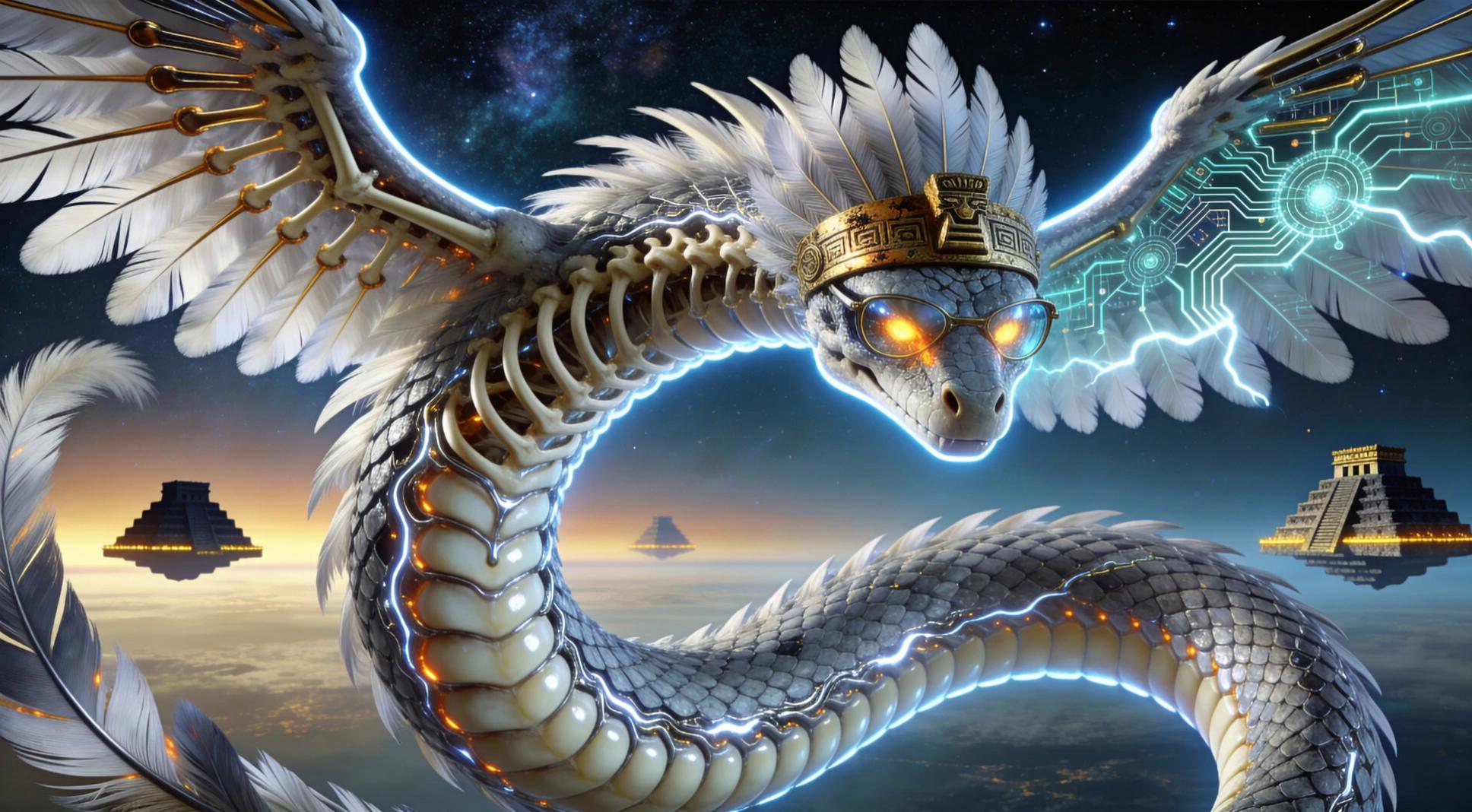 Prompt: Cinematic slow-motion animation, hyper-realistic image-to-video transformation.
The feathered serpent remains fully intact and anatomically consistent with the original image.

The serpent slowly coils and uncoils, its body moving with deliberate, serpentine grace — subtle muscular contraction visible beneath the layered alabaster scales. The motion is grounded and heavy, conveying immense mass rather than floating weightlessness.

Its wings do not flap wildly — instead they make slow, controlled adjustments, feathers flexing and overlapping naturally as faint cyan circuitry pulses softly along the feather veins. Individual feathers shift slightly in response to air movement.

The serpent’s head tilts forward by a few degrees, eyes glowing brighter for a moment like contained stellar cores, then settling back to a steady intensity. A faint ripple of light travels from the crown of its head down the spine, flowing through the metallic seams between scales.

The camera performs a slow, subtle orbital move (left-to-right parallax), maintaining a low-angle heroic perspective. Depth-of-field remains shallow, with the background drifting gently while the serpent stays razor sharp.

Environmental motion is minimal and cinematic:

slow-moving cosmic mist near the lower coils

distant stars subtly drifting

floating structures in the background shift almost imperceptibly

Lighting remains consistent with the original image: cool rim light defining edges, warm highlights catching gold details. No cuts, no jumps — a single continuous, smooth shot.

Ultra-realistic motion, physically plausible materials, cinematic realism, no exaggeration.