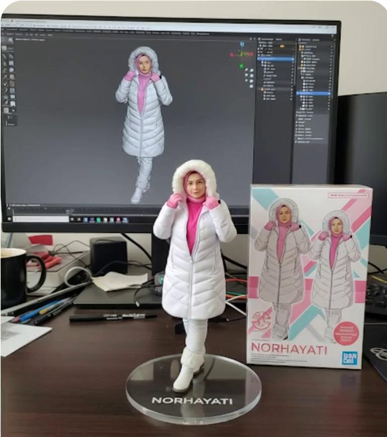 Prompt: Nure two hand gently pick up the figure on the frame and rotate it slightly for inpection.the model in the packaging box remain stationary,while all other background elements stay unchanged.