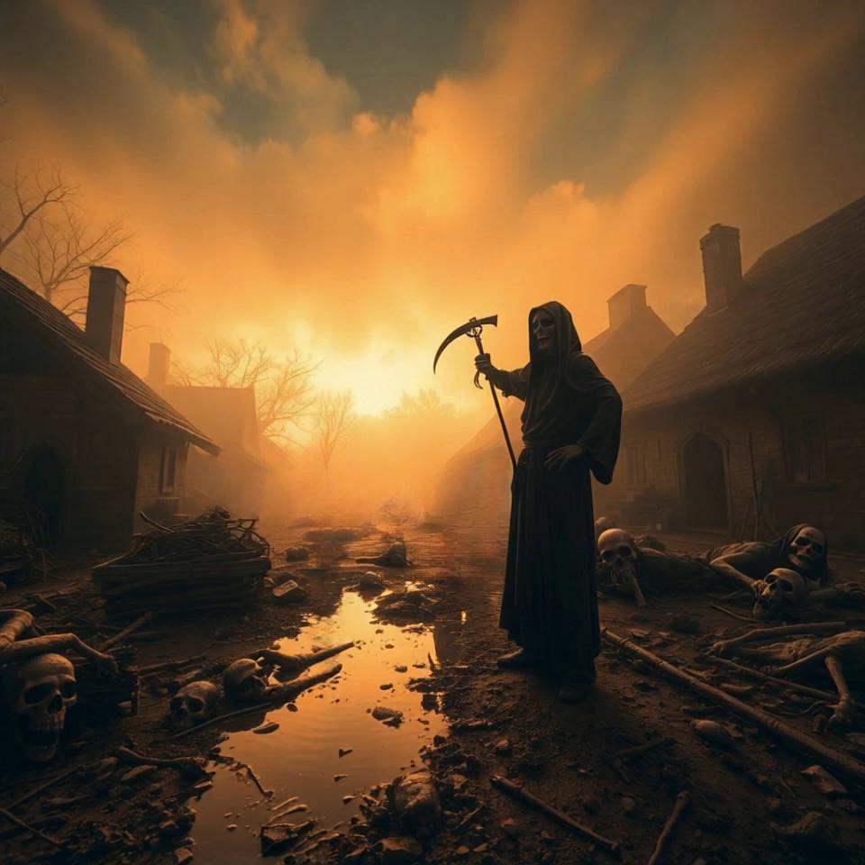 Prompt: Elevated perspective, panning left to right, reveals a surreal, infrared-toned scene. Warm golden hour light pierces the mist shrouding a medieval village. The Grim Reaper looms in the centre of the frame. Mud, cracked cottages, and piles of the dead create a faded, grim atmosphere.