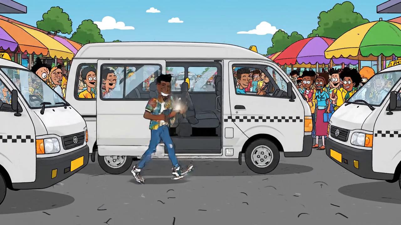 Prompt: 2D African YouTube-style cartoon animation. Bold black outlines, flat bright colors, expressive exaggerated characters. Busy South African taxi rank in the afternoon. Minibus taxis hooting lightly in the background.

A young Black South African man named Thabo, mid-20s, is get into a minibus taxi. His phone rings and we see on the phone screen: “My Queen 👑❤️”.

He answers playfully while stepping into the taxi and says:
“Yah baby, I’ll send it now-now when I sit down.”

Nearby passengers overhear and smirk. Light comedic tone.