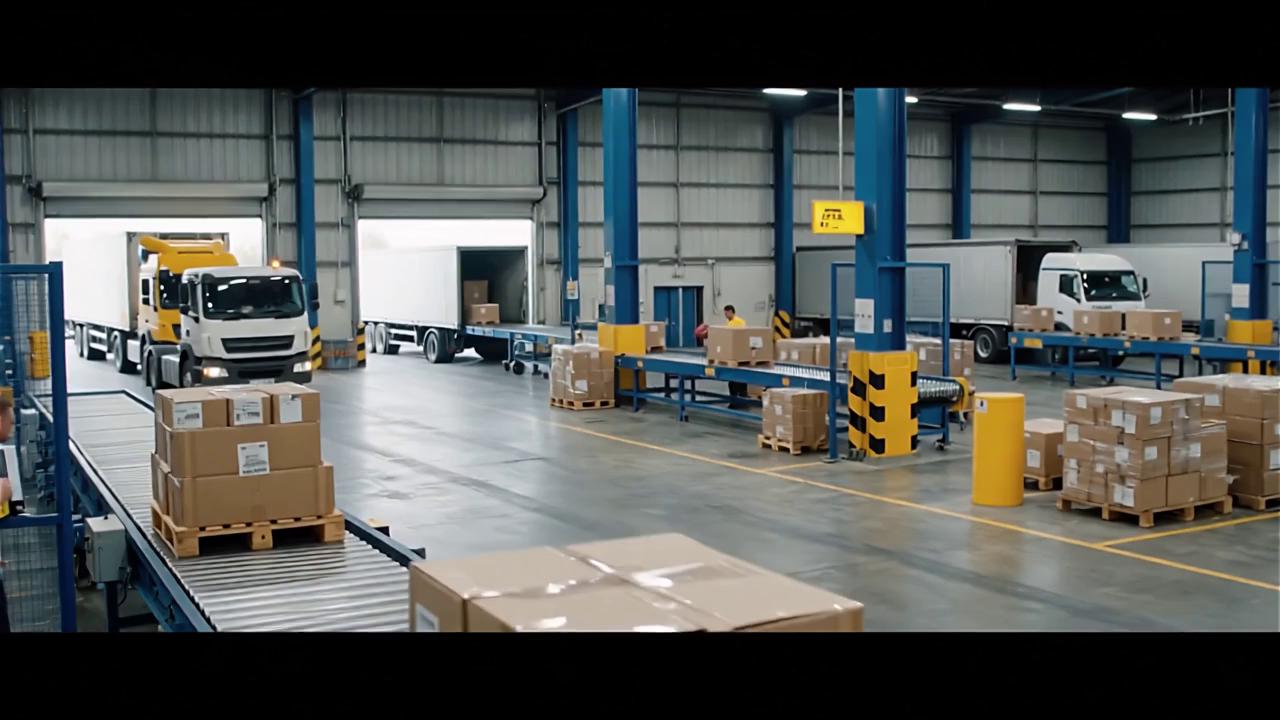 Prompt: Scene 1 – Warehouse Overview

Warehouse receiving dock, trucks unloading pallets, conveyor belts moving boxes, barcode scanning stations, clean industrial environment, cinematic lighting