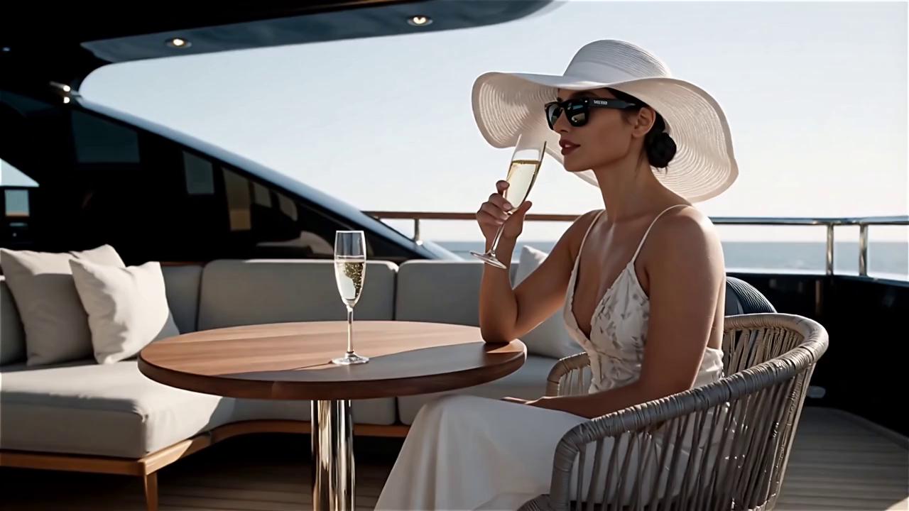 Prompt: a cinematic quality realistic video of a lady sitting at a small round table on the deck of a super yacht. wearing a large white sun hat and tom ford glasses dark hair sipping champagne. the soundtrack is playing happy birthday
