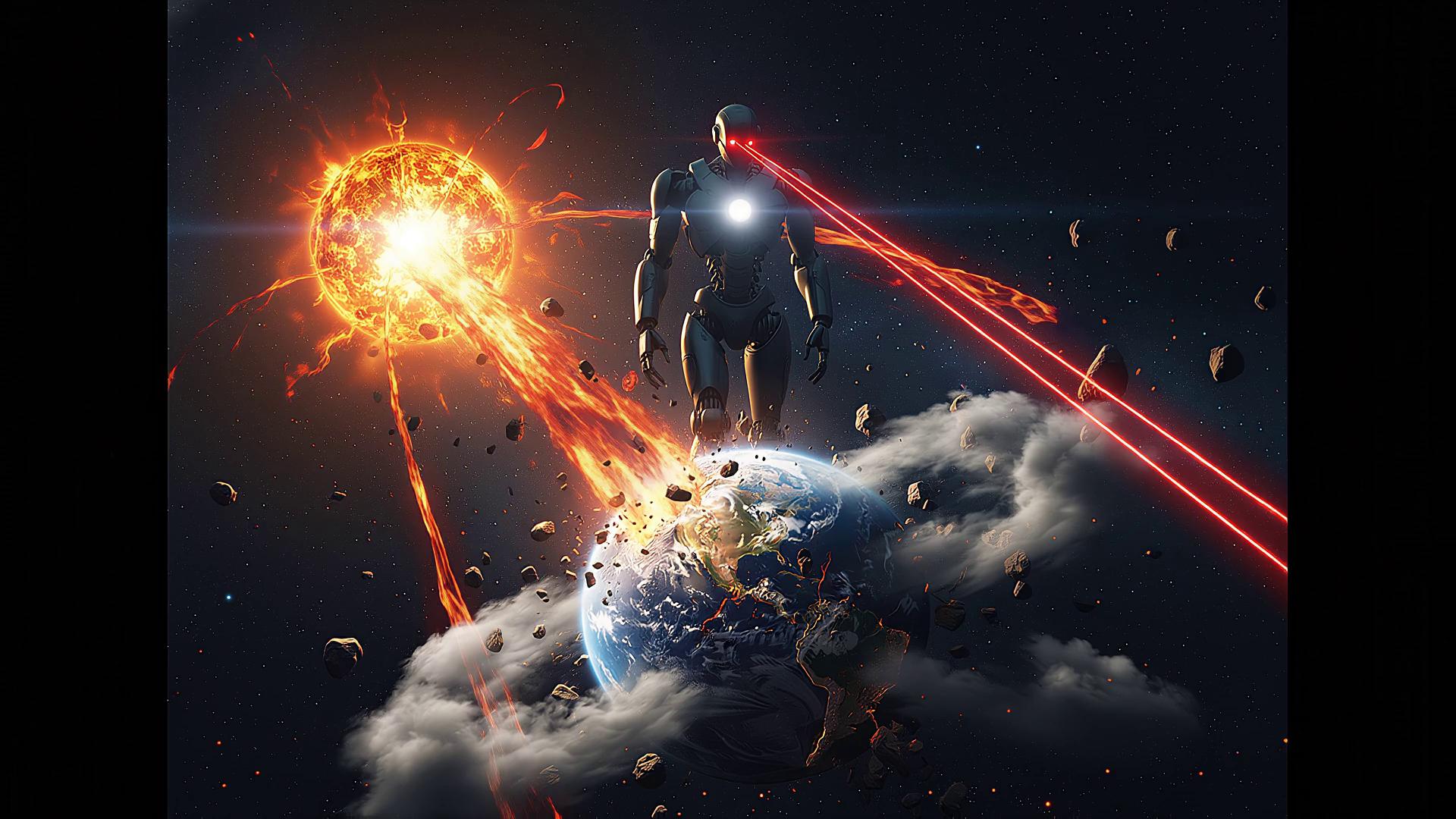 Prompt: Make the robot break the earth and the sun and make the sun turn into lava and make the robot shoot lasers from the eyes and make the core as bright as it can