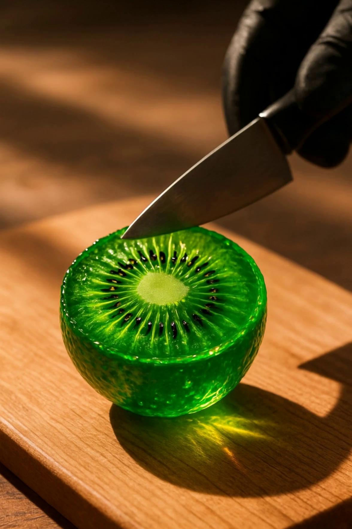 Prompt: Ultra close-up ASMR of a razor-sharp knife slowly slicing into a crystal-clear, green glass kiwi—capture the delicate crack as the glossy surface fractures, the subtle tinkle of prismatic glass textures yielding, and the soft clink as the blade meets the wooden cutting board. No music—just pure, natural kitchen sounds.