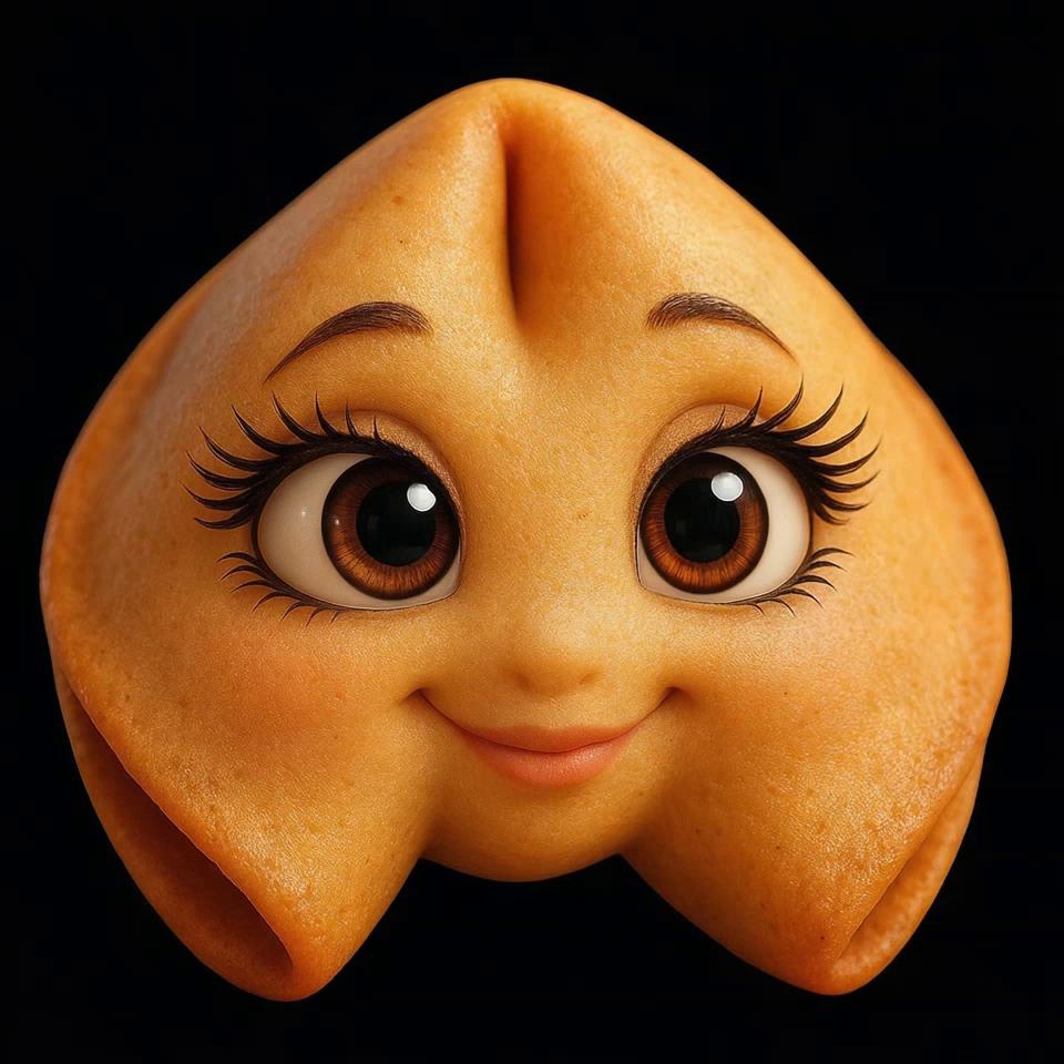 Prompt: The video starts with the female fortune cookie avatar on the screen [start frame]. She zooms around the frame in a frenzy of energy and then her middle starts splitting and a fortune pops out. The fortune is revelated and she’s got a shocked expression on her face [end frame]. But then the cookie crumbles into pieces and the fortune floats to the bottom of the screen.  