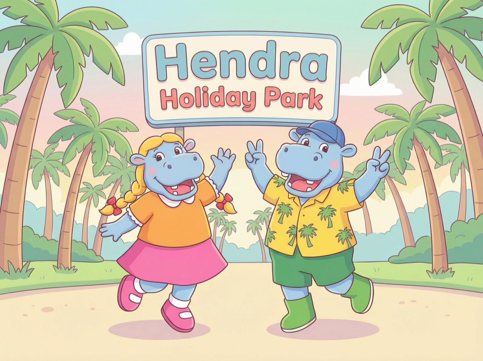Prompt: Animated scene of two cartoon mascots waving and jumping in Hendra Holiday Park, gentle bounce movement, slow loop, pastel color palette, cheerful toddler-friendly style, soft xylophone music overlay