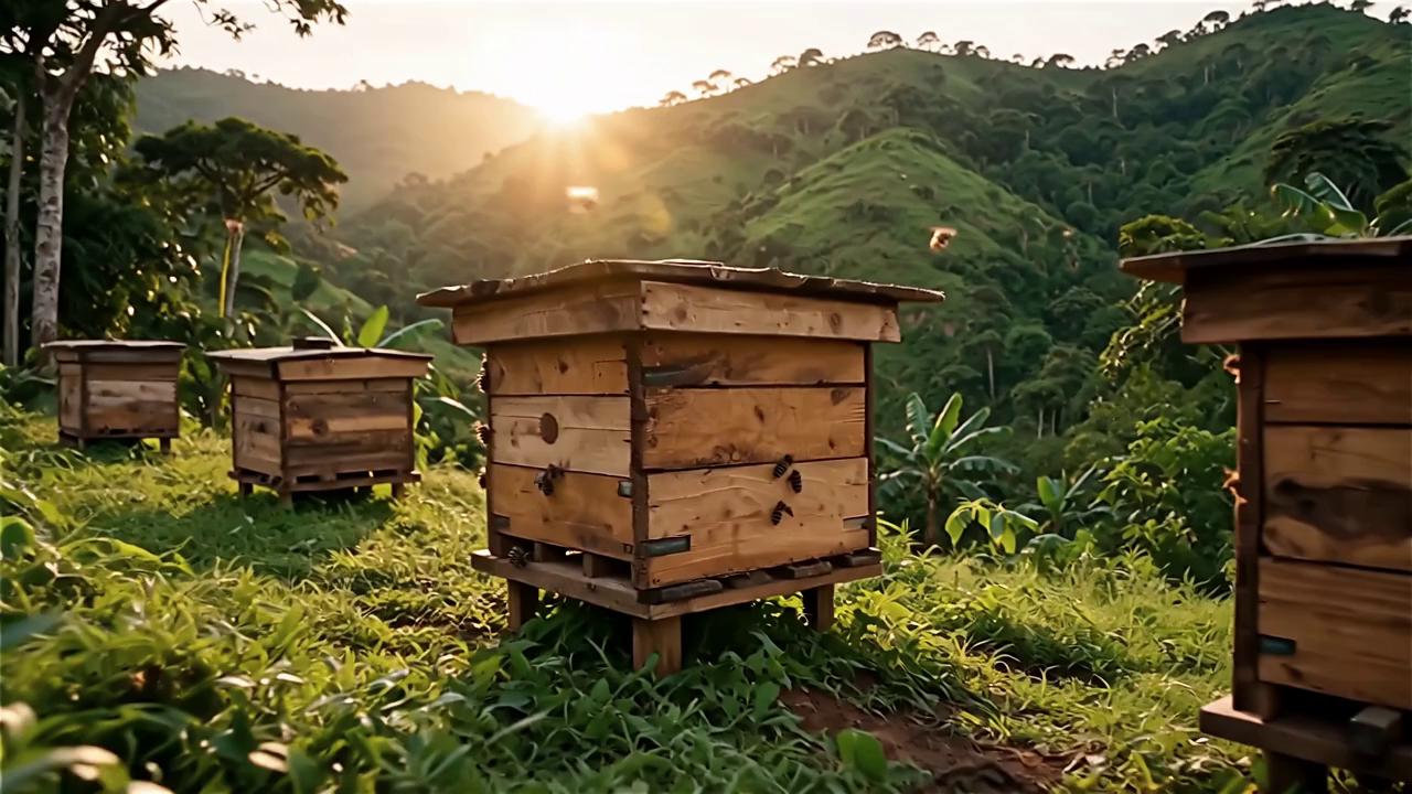 Prompt: Cinematic wide-angle hero video of raw honey production in Sierra Leone. Lush West African landscape at sunrise, natural wooden beehives surrounded by greenery, calm bees hovering peacefully. Transition to close-up of thick golden honey slowly dripping from raw honeycomb, warm sunlight reflecting through the honey. Final scene reveals a clear honey jar labeled “Nibèlà Market – Raw Honey” resting on a rustic wooden surface. Soft natural lighting, earthy tones, premium artisanal aesthetic. Smooth camera movement, shallow depth of field, ultra-realistic, photorealistic, 16:9 aspect ratio, seamless loop, no text overlays.
