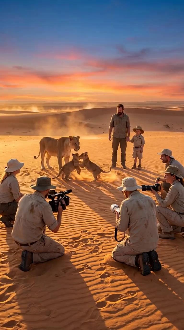 Prompt: A small wildlife researcher team stands in the warm Sahara sunset, filming two lion cubs playing gently in the sand while a 5‑year‑old boy watches beside his father. The boy slowly kneels down at a safe, guided distance as one curious cub pads toward him, ultra‑realistic movement, detailed fur, soft golden light. The cub climbs carefully into the boy’s lap and settles there; the child smiles in disbelief, stroking the cub’s back and head very softly and gently while his dad records the moment on a handheld camera, researchers behind them frozen in shock and awe.In a smooth transition, the second cub walks over and sits right in front of the boy, tail flicking playfully. The boy now has one tiny lion under each hand, petting them both with small, careful strokes, grinning like he is living his dream of meeting his favorite animals. The cubs relax, giving soft, kitten‑like purrs as they enjoy the attention.The camera cuts to a wider, cinematic shot: the mother lion lies down a short distance away, calmly watching the scene with steady, protective eyes, desert wind lifting small grains of sand around her. Everything moves in gentle, realistic slow motion—natural body weight shifts, subtle ear twitches, the boy’s hair and clothes moving in the breeze—creating a 10–15 second documentary‑style image‑to‑video sequence that feels magical, emotional, and completely real.