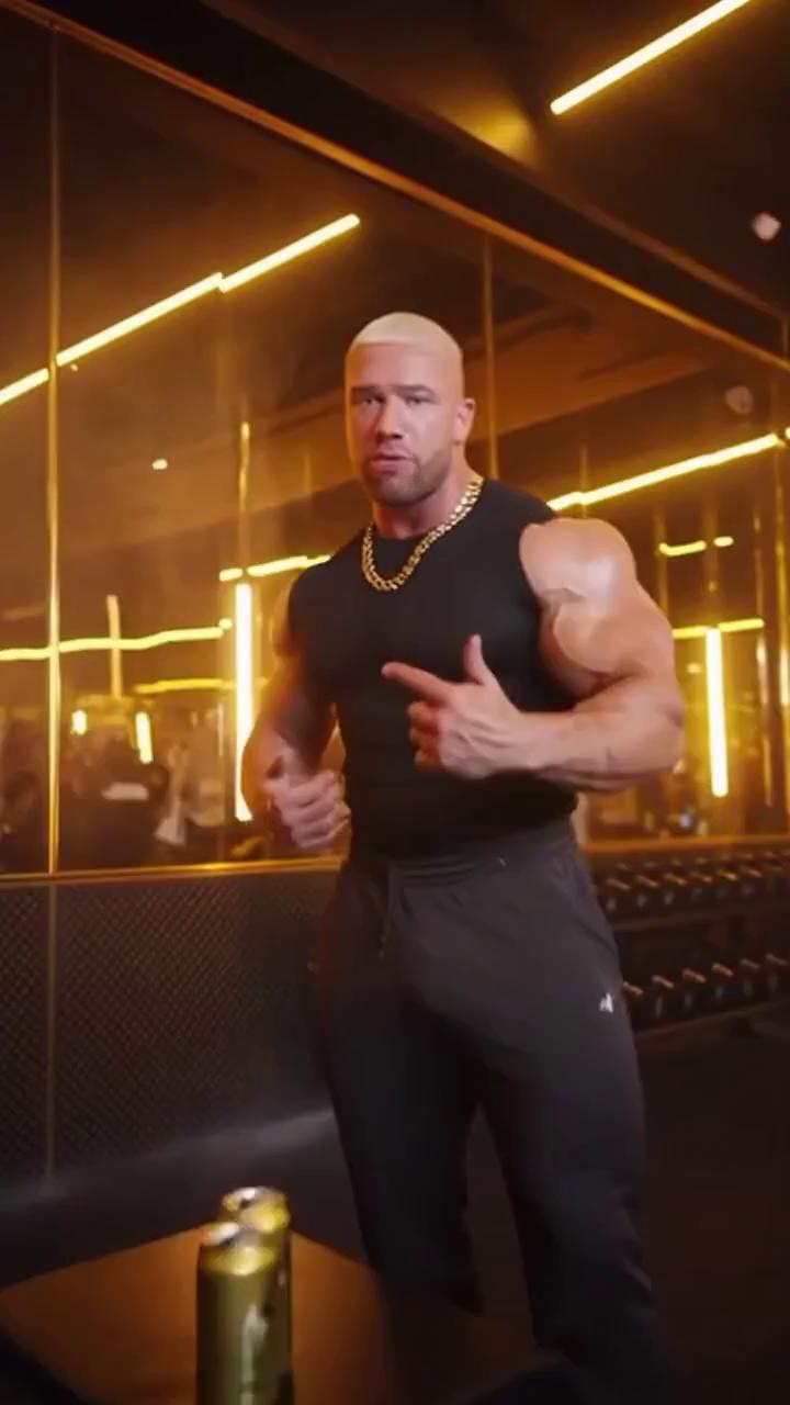 Prompt: Gigachad raps in front of a mirror wall at a luxury gym, flexing between verses. Gold lighting, smoke machines, energy drink cans, and cheering fans. Smooth camera dolly and close-ups on muscles. Meme energy mixed with high-fashion rap video aesthetic. 4K, realistic shading, energetic camera motion.
