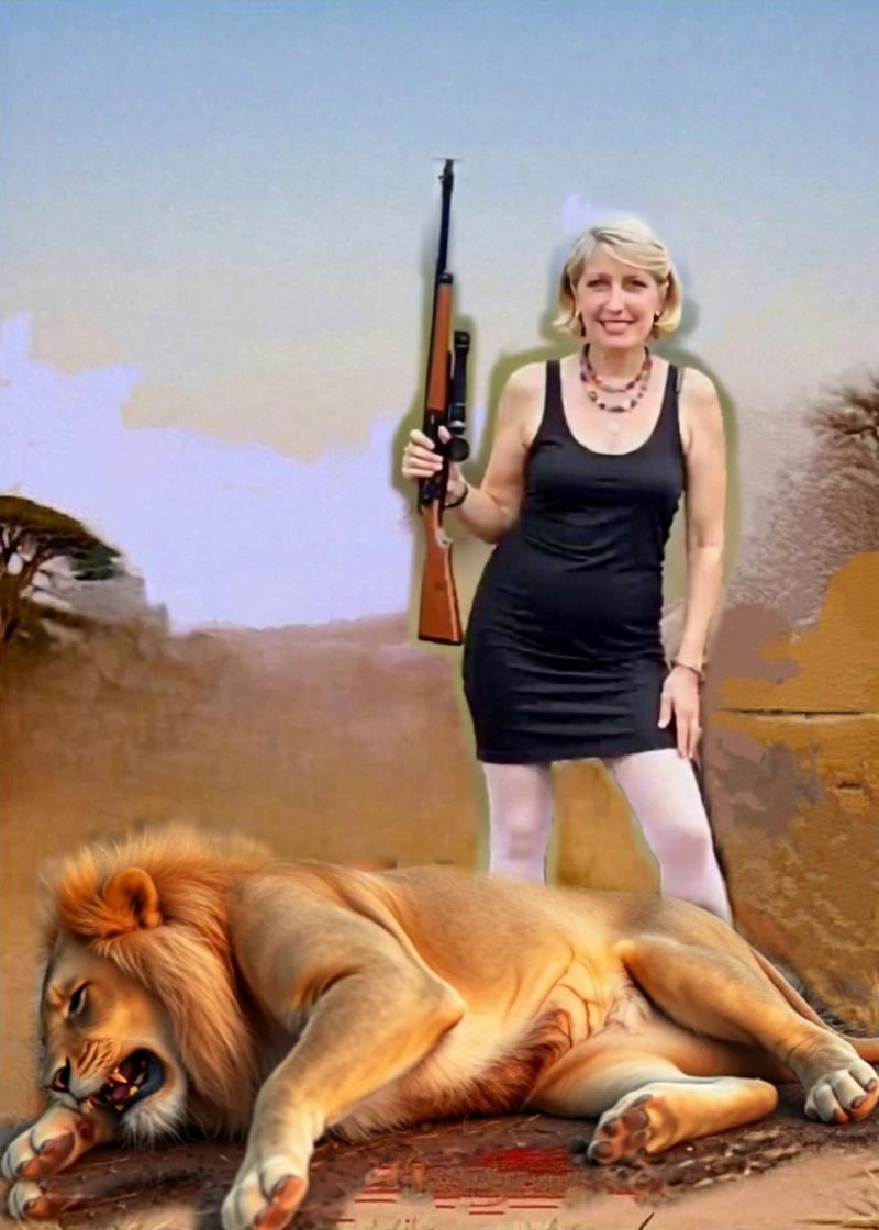 Prompt: 
Hunting safari in the African savannah. The protagonist is Stefania, beautiful woman and cruel huntress, who wears a black miniskirt, white colored stockings with garters, black Louboutin pumps with 12 cm high heels. IN THE FOREGROUND You can see Stefania the hunter who has just killed a large old male Lion, shooting him with her big game hunting rifle. NOW, IMMEDIATELY after the kill, the huntress approaches SATISFIED the dead animal that lies stretched out on the ground and, PLACING ONE FOOT ON ITS back, She assumes, proudly the typical "VICTORY POSE" with her trophy down on the ground at her feet. Finally the hunter shows the camera, with personal GREAT satisfaction, the exact points of impact on the animal of the 2 precise blows with which she killed him.

