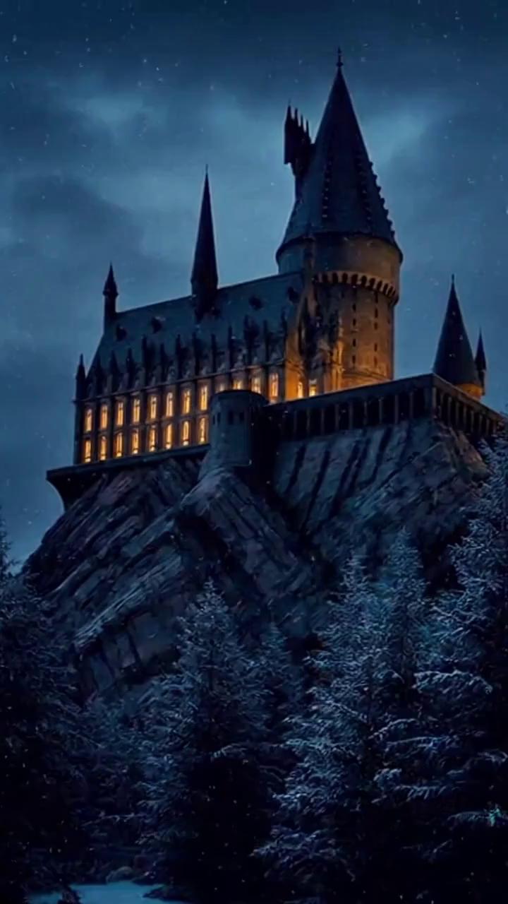 Prompt: Exterior shot of Hogwarts Castle in the middle of with that soft snow falling.