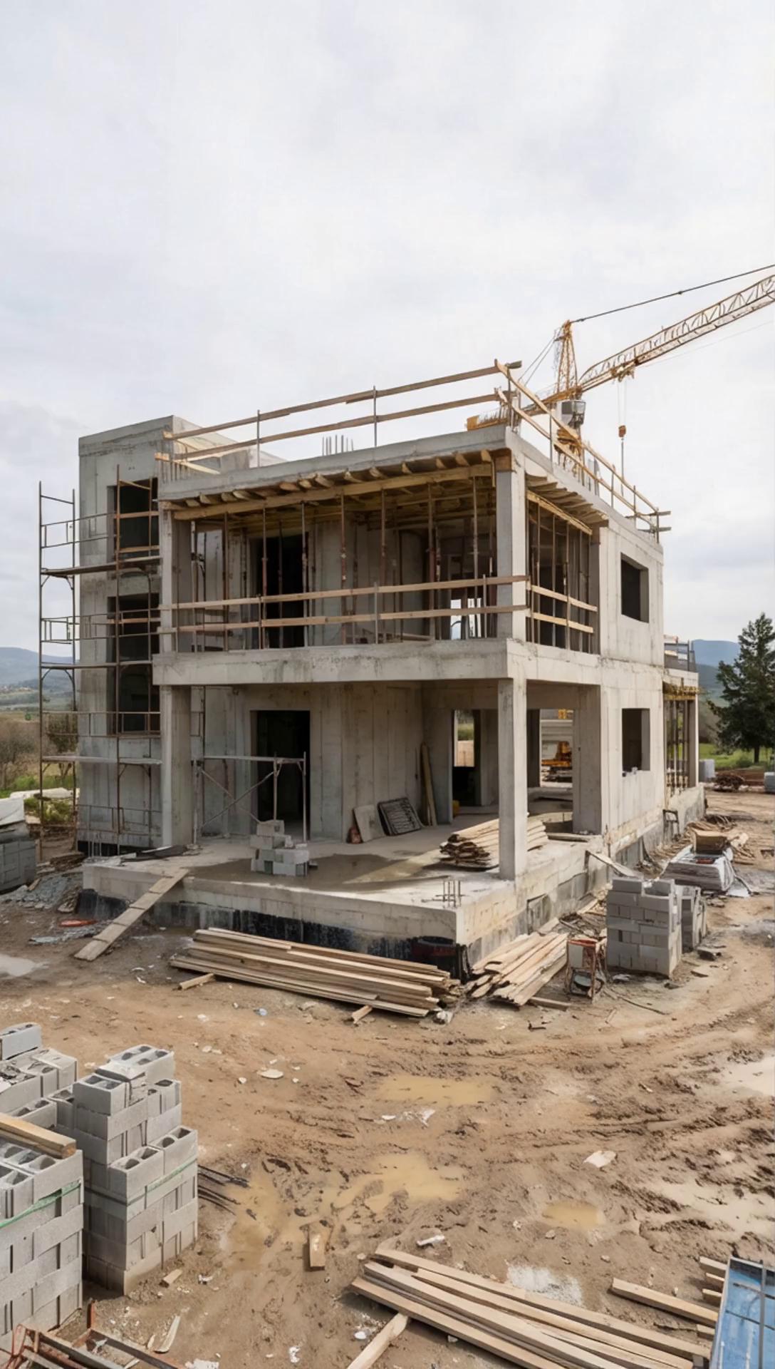 Prompt: cinematic transformation from unfinished construction site into a finished luxury modern villa, smooth drone camera movement, realistic lighting, sunset, depth of field