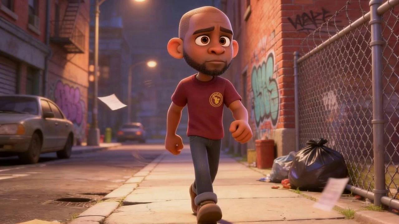 Prompt: character walking down a worn urban street in a rough neighborhood. He has expressive eyes, slightly exaggerated proportions, and a tough-but-kind expression. The street is lined with cracked sidewalks, graffiti-covered brick buildings, chain-link fences, flickering streetlights, and old parked cars. As he walks, he notices a homeless man sitting against a brick wall beneath a dim streetlight, wearing layered, tattered clothing with a scruffy beard and tired but expressive eyes, a worn backpack at his side.The main character pauses, reaches into his pocket, and gently hands the homeless man a $20 bill, saying, “Take this for food.” The homeless man looks up and responds, “Thank you,” with a warm, genuine smile. The moment is intimate and human, communicated through eye contact, posture, and subtle facial expressions. Gritty surroundings softened by Pixar-style rounded shapes, clean textures, warm cinematic lighting, soft shadows, shallow depth of field, emotional storytelling, high-quality animated film aesthetic, grounded and compassionate tone.