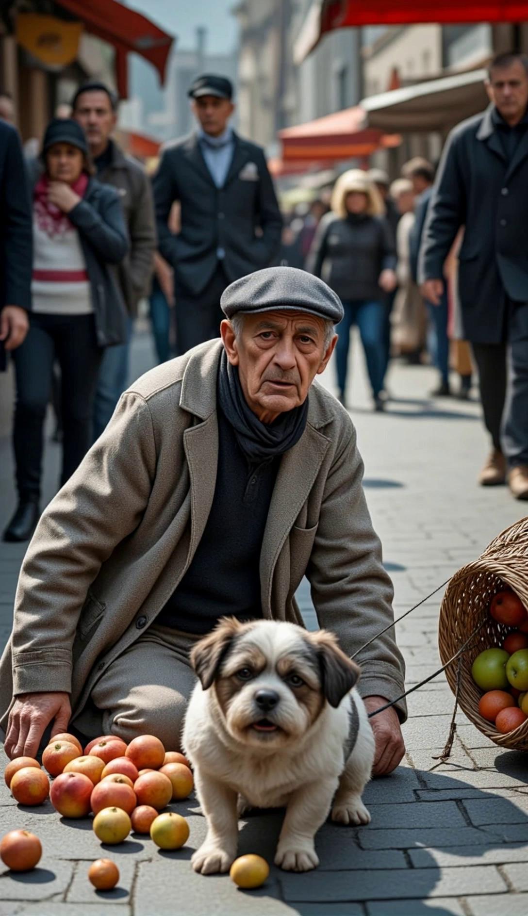 Prompt: The fruits scattered and the dog looked at the old guys while the old guy wiped his tears
