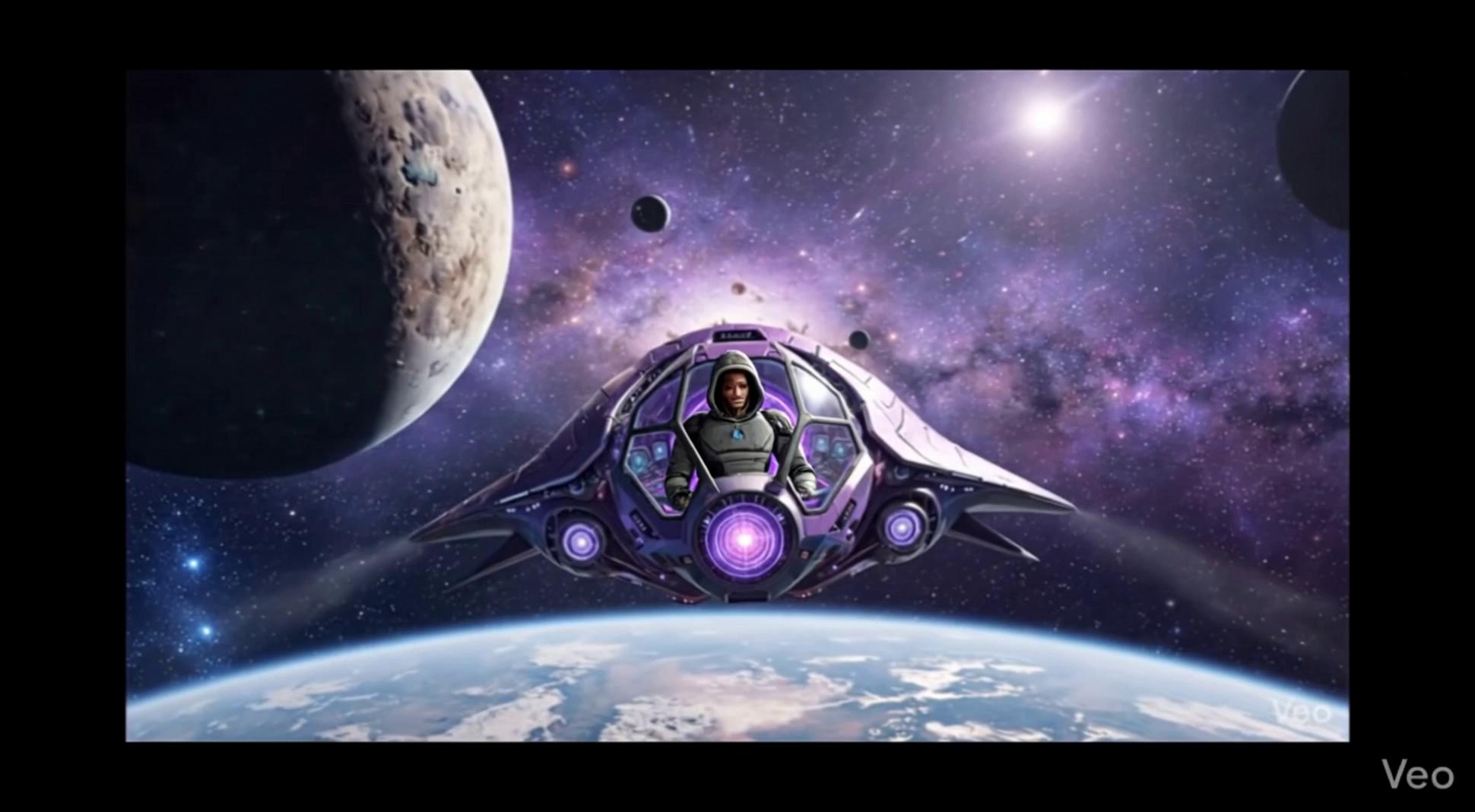 Prompt: The phantom half human half robotic figure with the hoodie, he's a guy , he is not a female, he's flying his  spaceship battering it out with the other spaceship, he's getting chased by them trying to escape. 