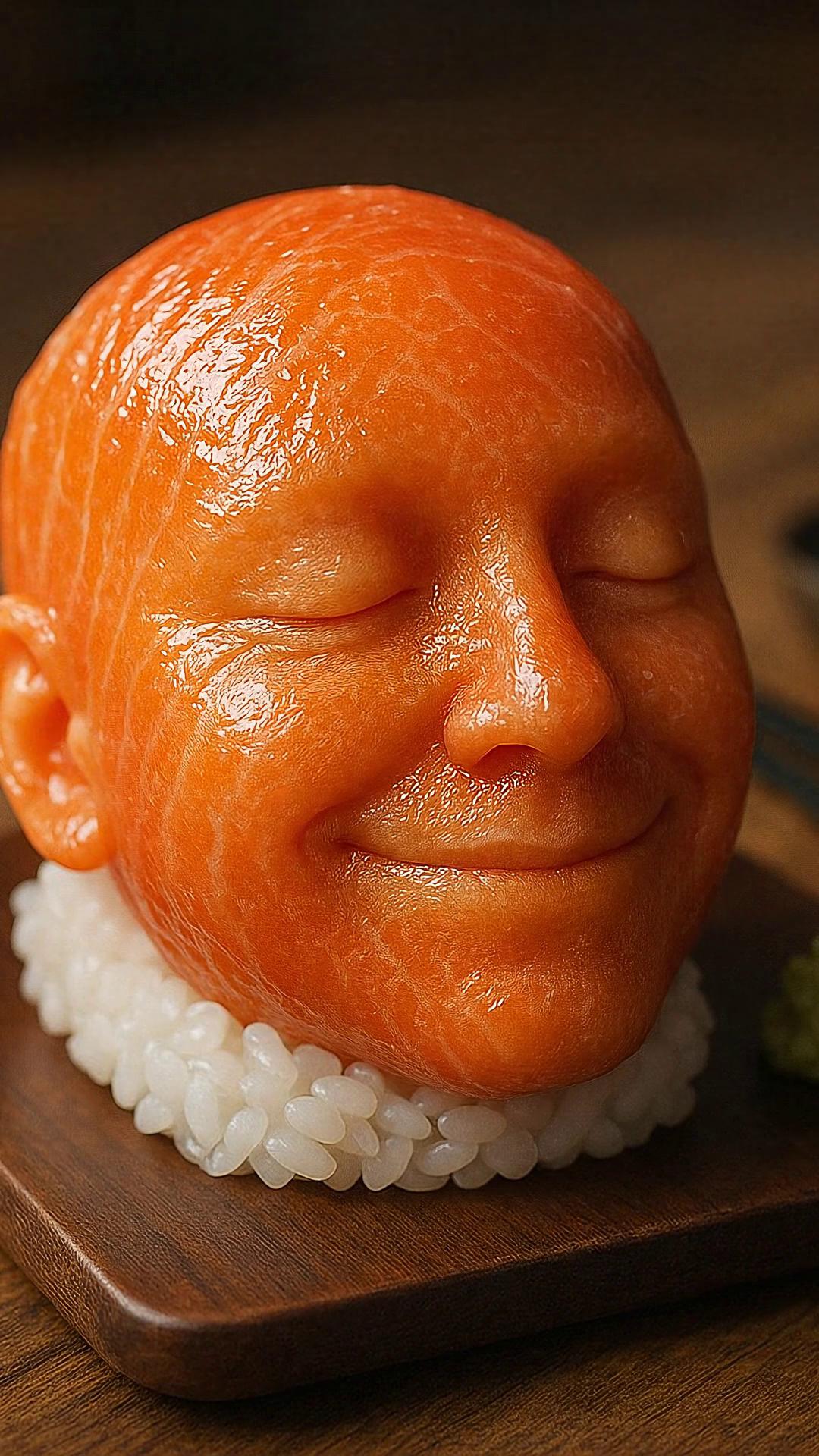 Prompt: Generate a video using this image. The head comes alive starting smiling and is fed with sushi. The sushi is brought slowly toward the smiling sushi characters mouth. the characters eyes remin closed as the mouth opens naturally, receiving the sushi. The character chews with a joyful expression. smooth, cinematic close-up shot, shallow depth of field, warm restaurant lighting with soft bokeh in background, realistic motion with subtle head movement as it eats.