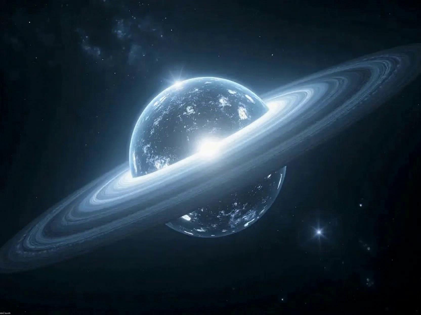 Prompt: A glowing icy-blue planet rotating slowly in space, surrounded by dynamic rings of ice and rock that extend beyond the frame. Light reflections shimmer across the rings as the camera drifts backward to reveal the full planet. A few distant stars flicker in the dark background. Calm, cinematic deep-space atmosphere.
