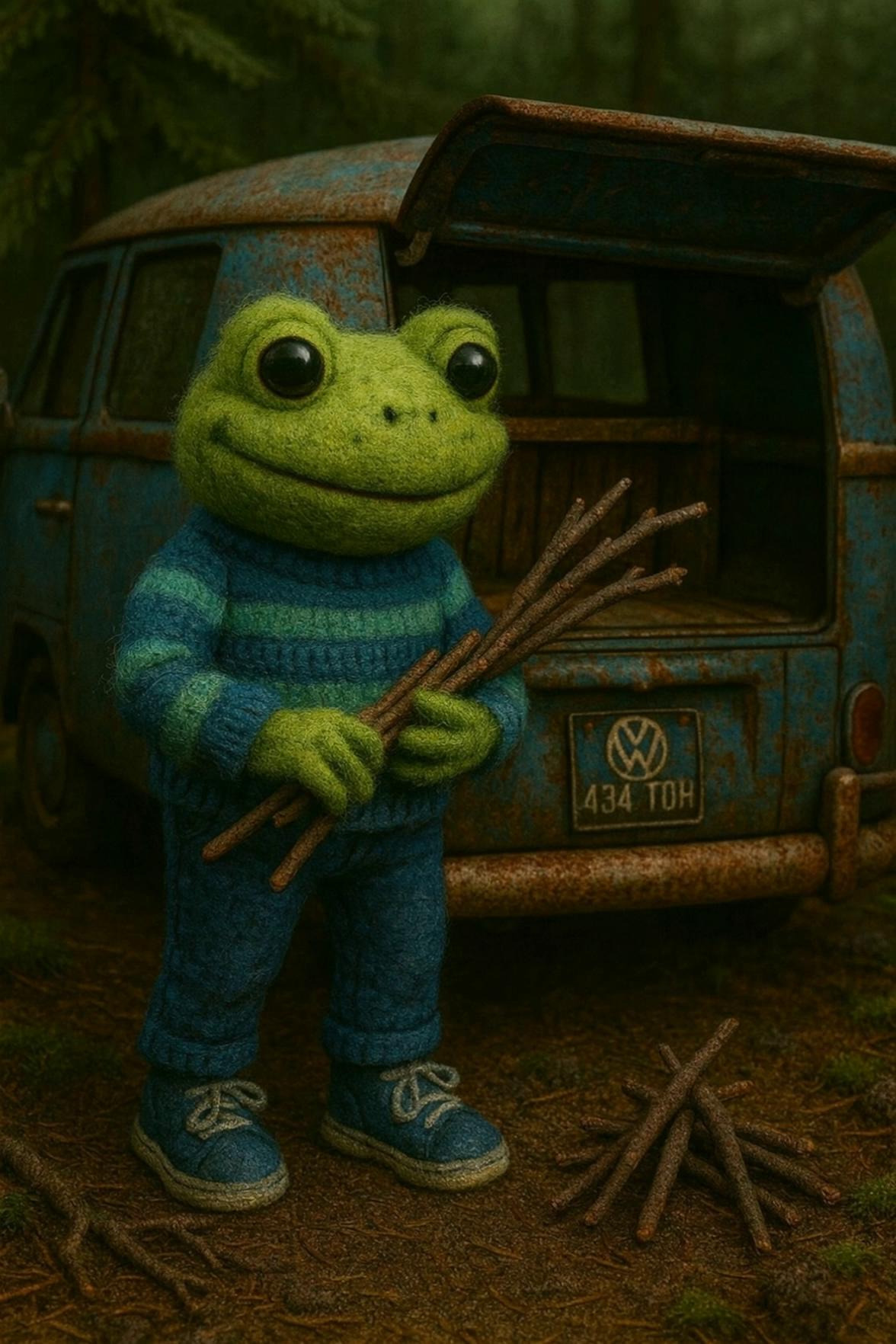 Prompt: Have the frog pull out a sleeping bag from the bus 