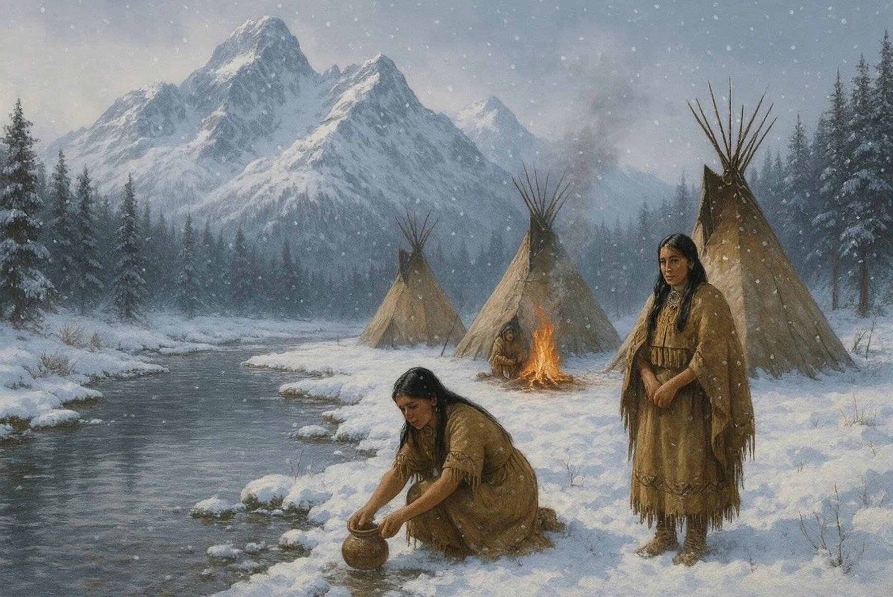 Prompt: Have the river flow as the women gather water and the fire burns and it snows