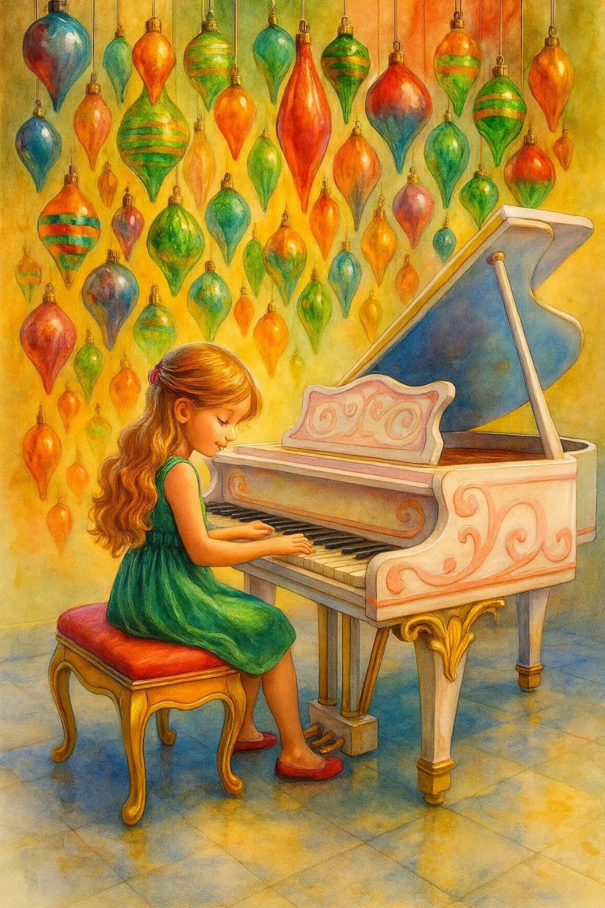 Prompt: Have the girl play a Christmas piece on the piano