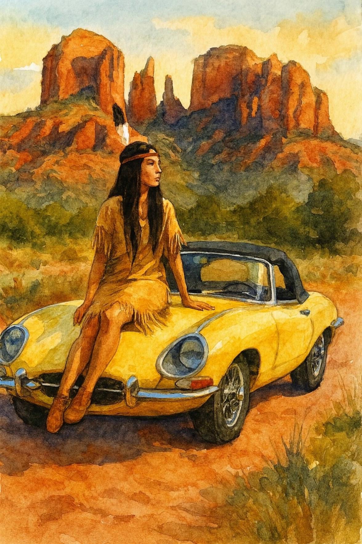 Prompt: Have the Native girl get up and dance as the car forward and the moon and stars fly by